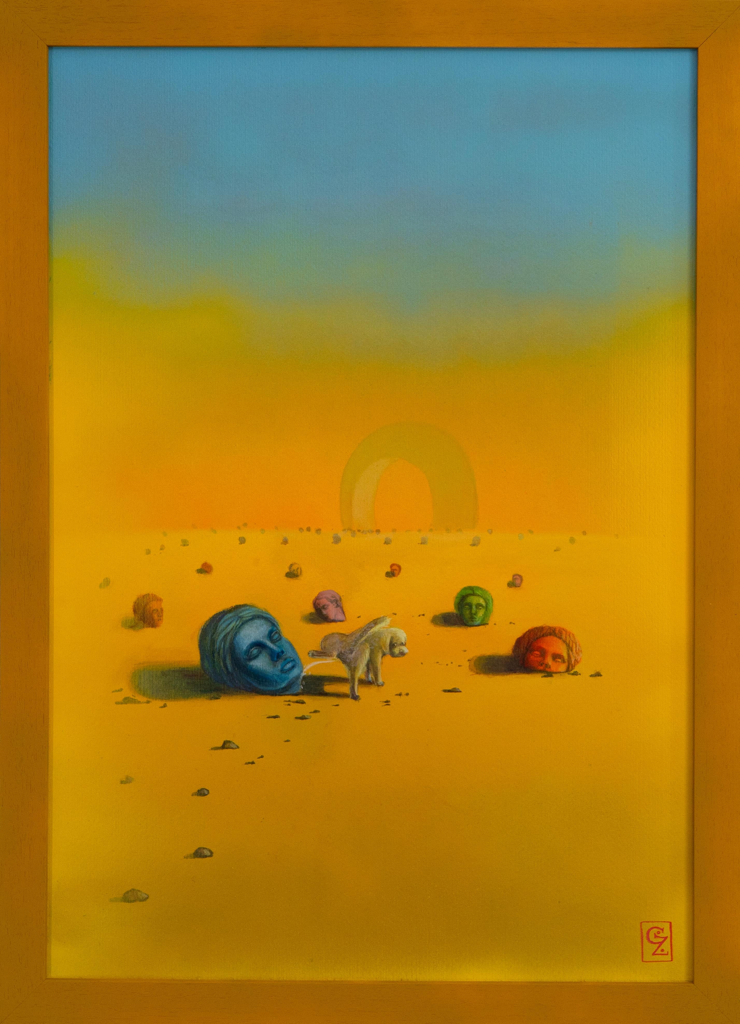 Pittura surreale del deserto con cane e teste scultoree su carta Fabriano incorniciata - Painting di Gozo