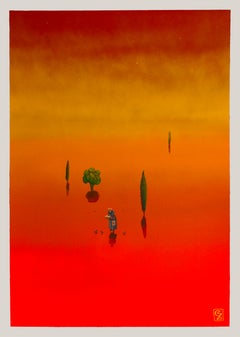 Feeding Birds with Words - Colorfield Vibrant Landscape, Acrylic on Paper, 2024
