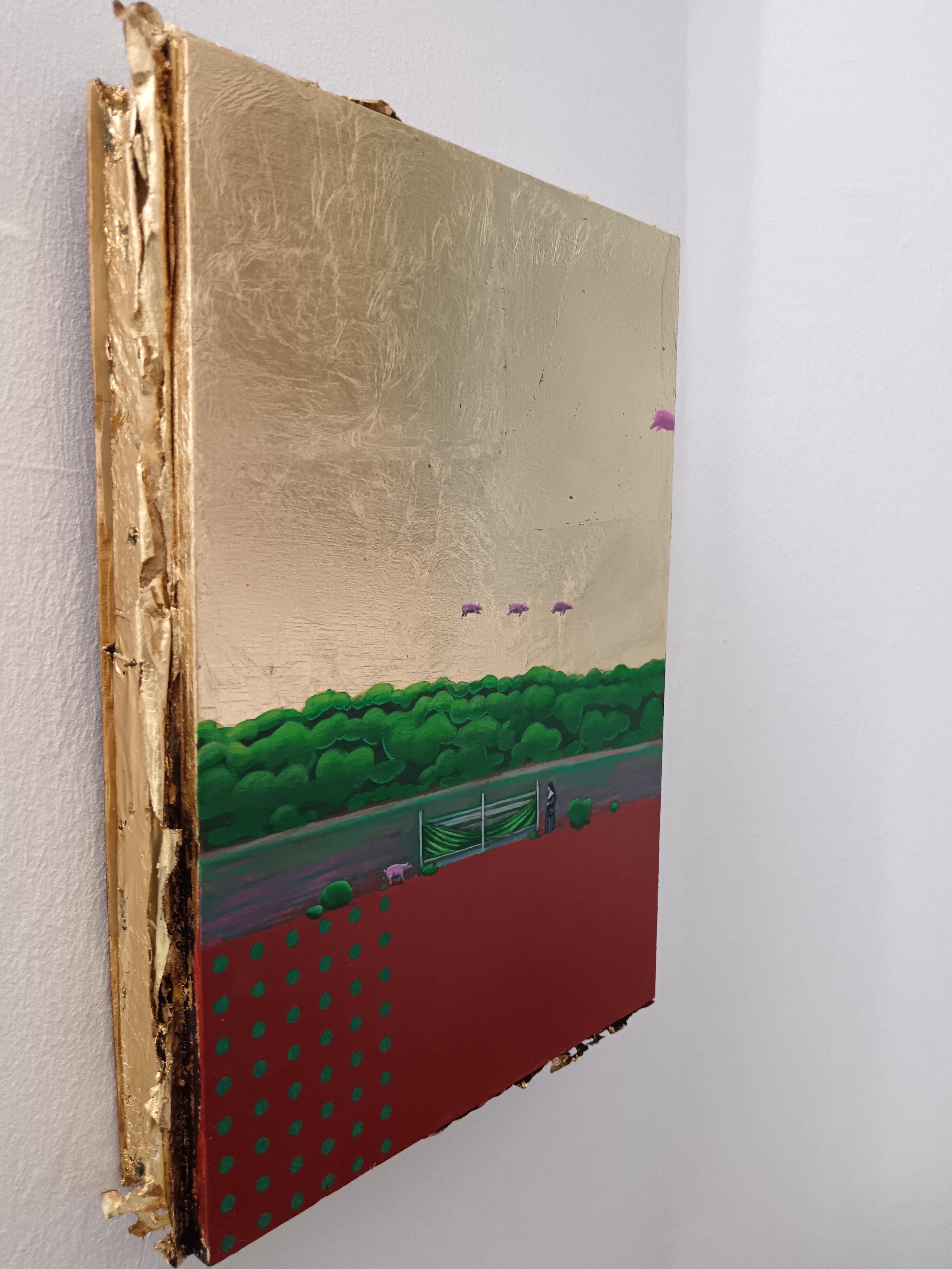 Scena surreale di maiali volanti - Tecnica mista con foglia d'oro su pannello - 2024 - Painting di Gozo