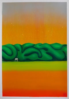 Golden Twilight: Horse Grazing in Lush Greenery. Contemporary Landscape Painting