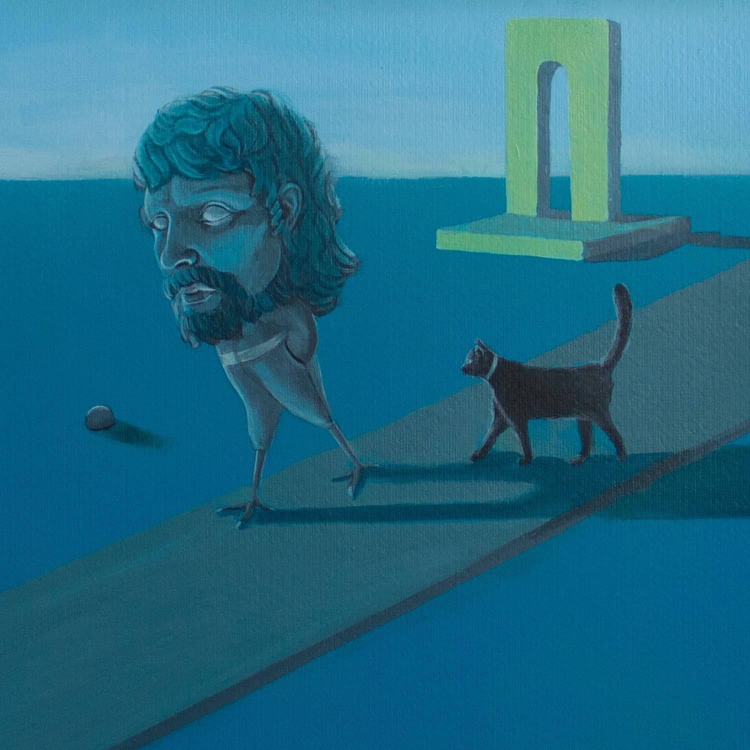 Pintura surrealista sobre papel inspirada en un paisaje onírico. Cabeza andante con gato - Painting Surrealista de Gozo