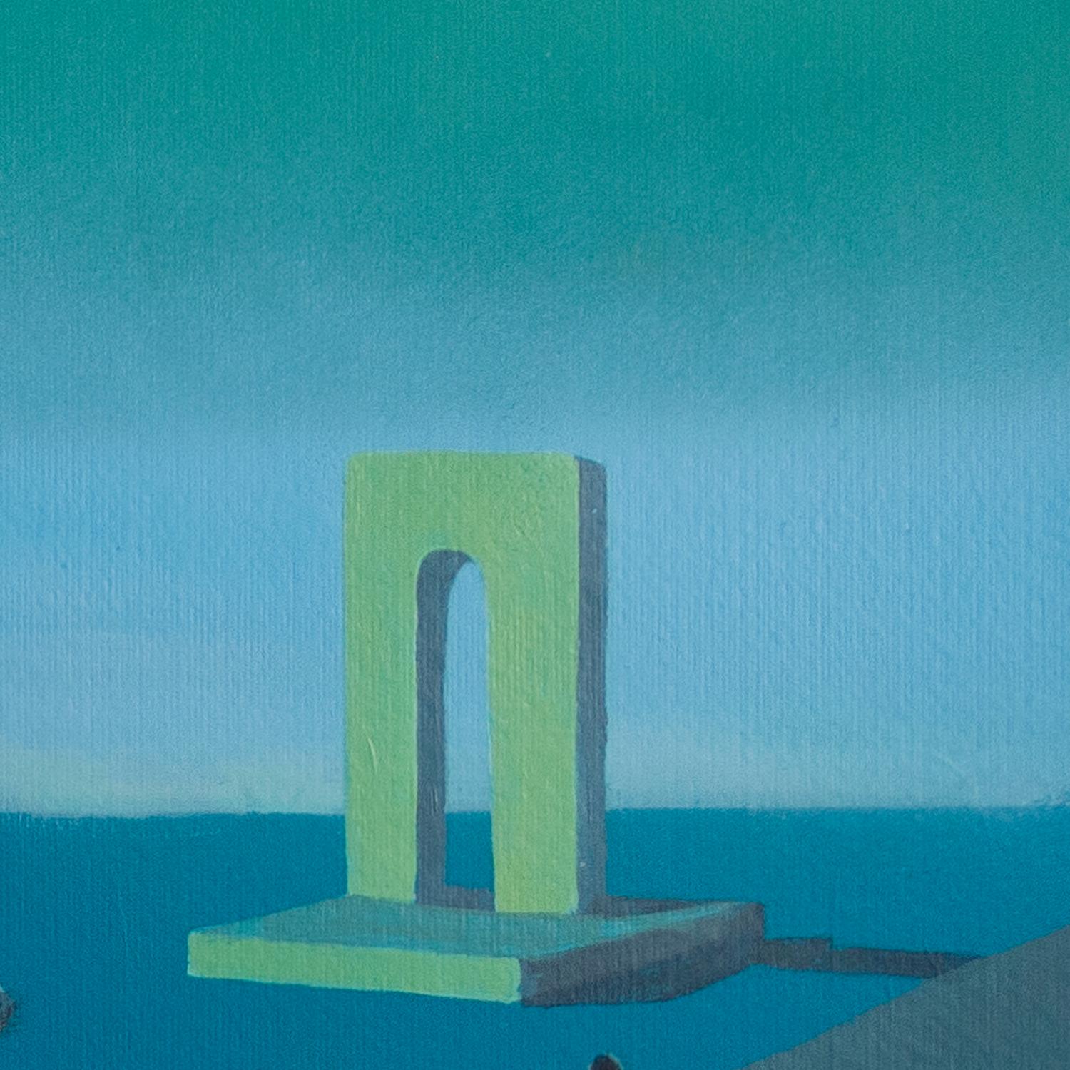 Pintura surrealista sobre papel inspirada en un paisaje onírico. Cabeza andante con gato - Landscape Painting Azul de Gozo