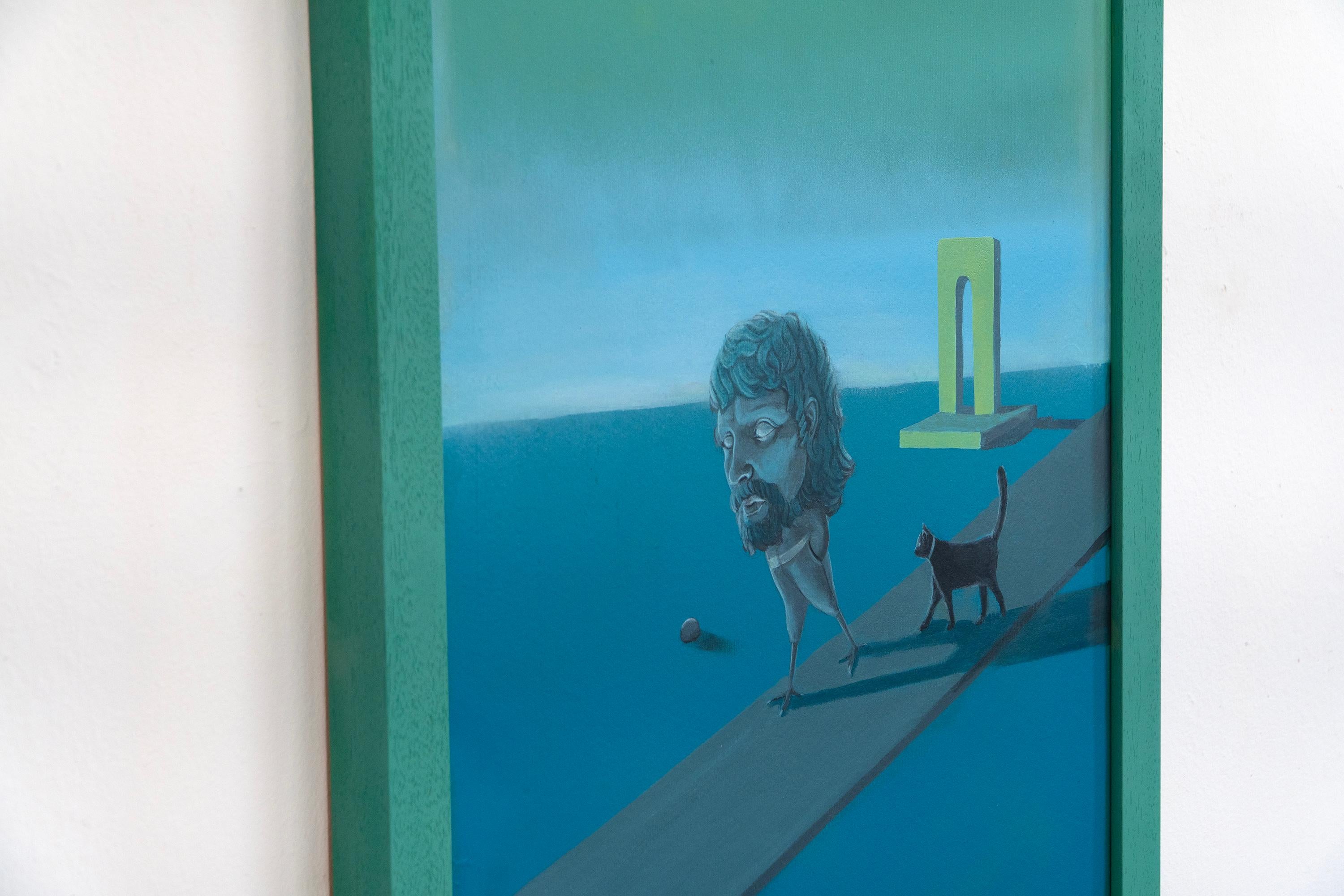 Este original cuadro surrealista de Gozo presenta a una figura solitaria de cabeza escultural y piernas esbeltas que camina por un muelle descarnado, acompañada de un perro negro. Un arco monumental amarillo se alza en el fondo, evocando paisajes