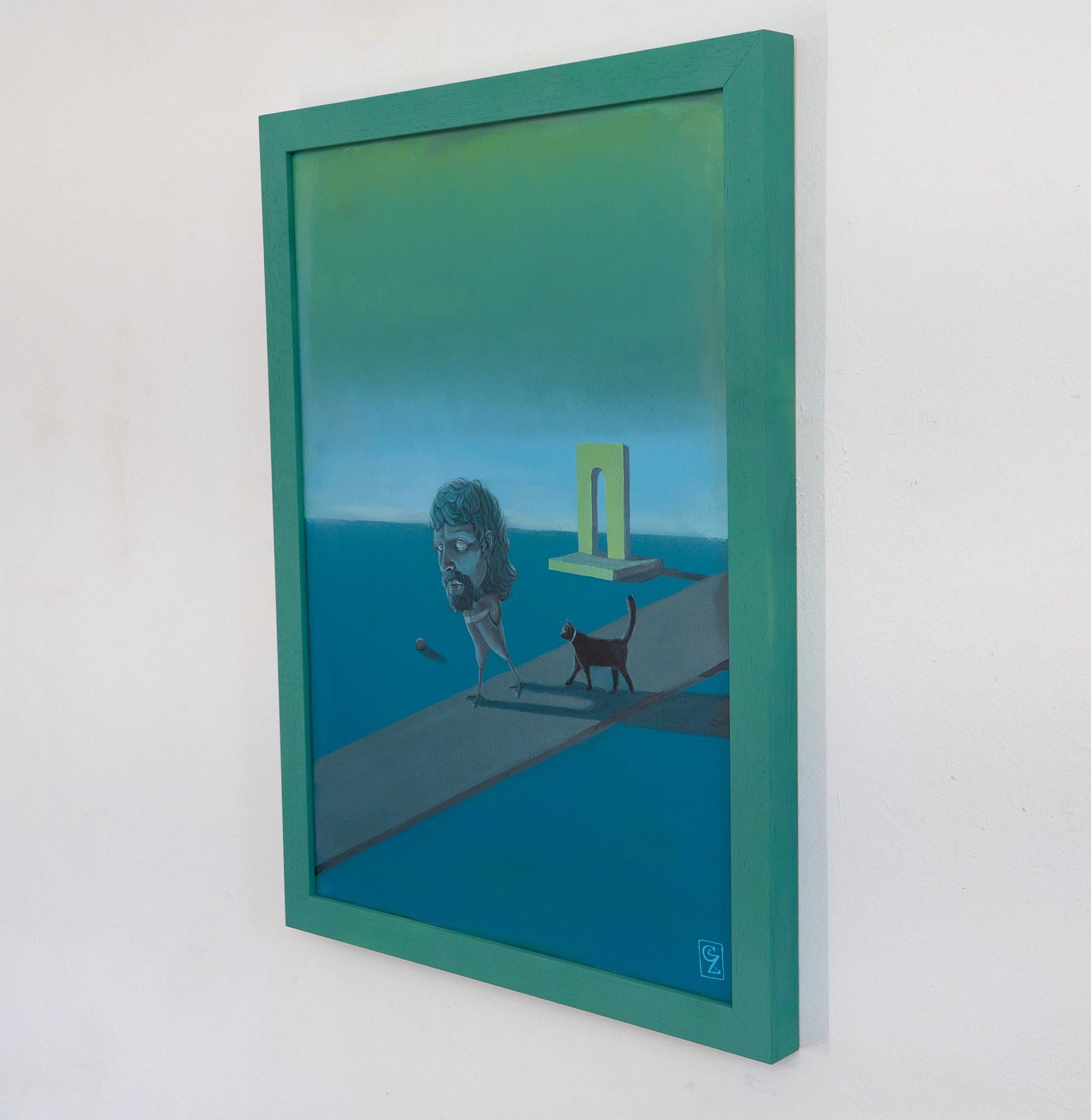 Pintura surrealista sobre papel inspirada en un paisaje onírico. Cabeza andante con gato en venta 1
