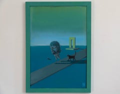 Walking Head with Cat. Framed Surrealist Seascape, De Chirico-Inspired Landscape