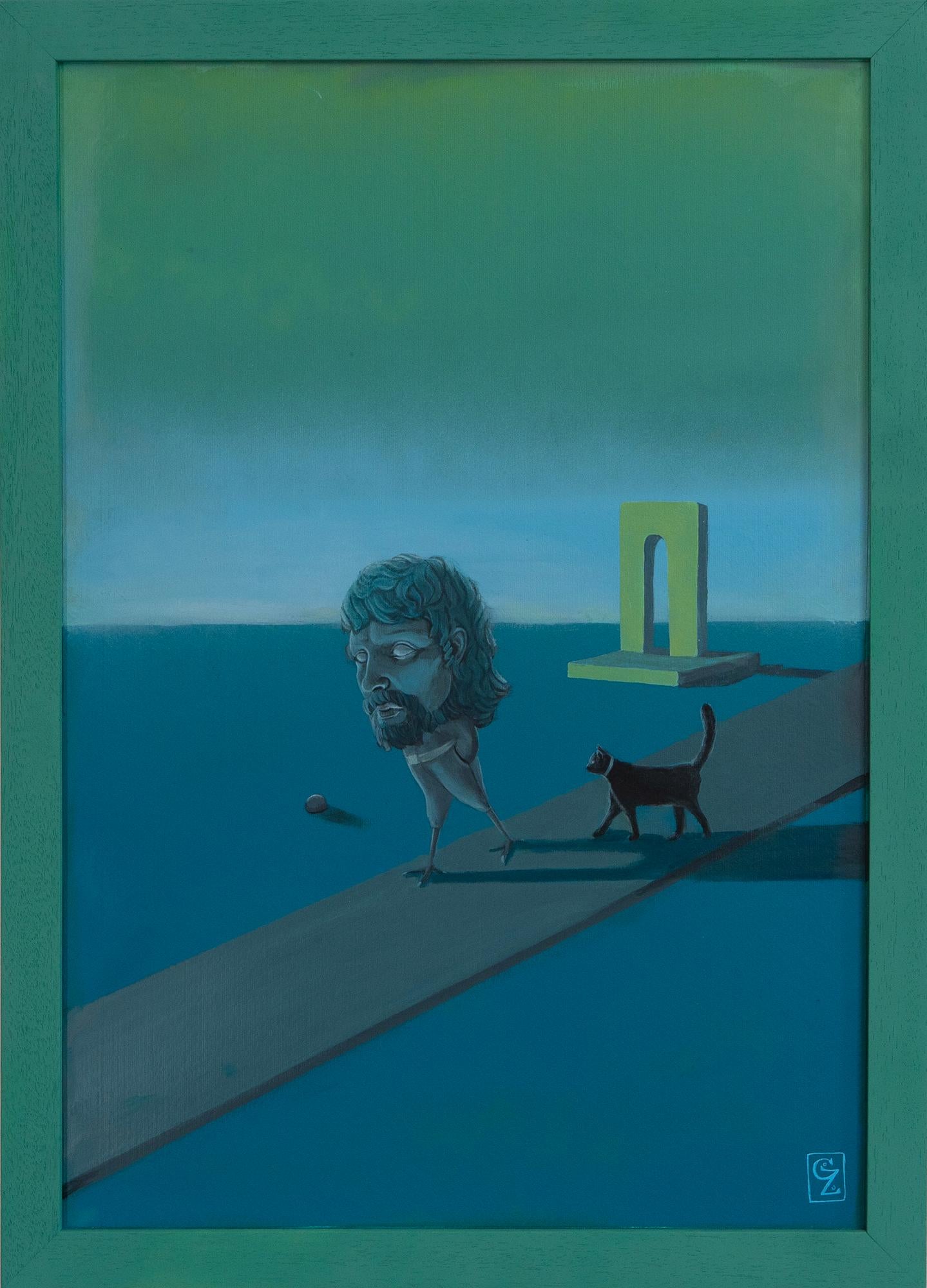 Pintura surrealista sobre papel inspirada en un paisaje onírico. Cabeza andante con gato - Painting de Gozo