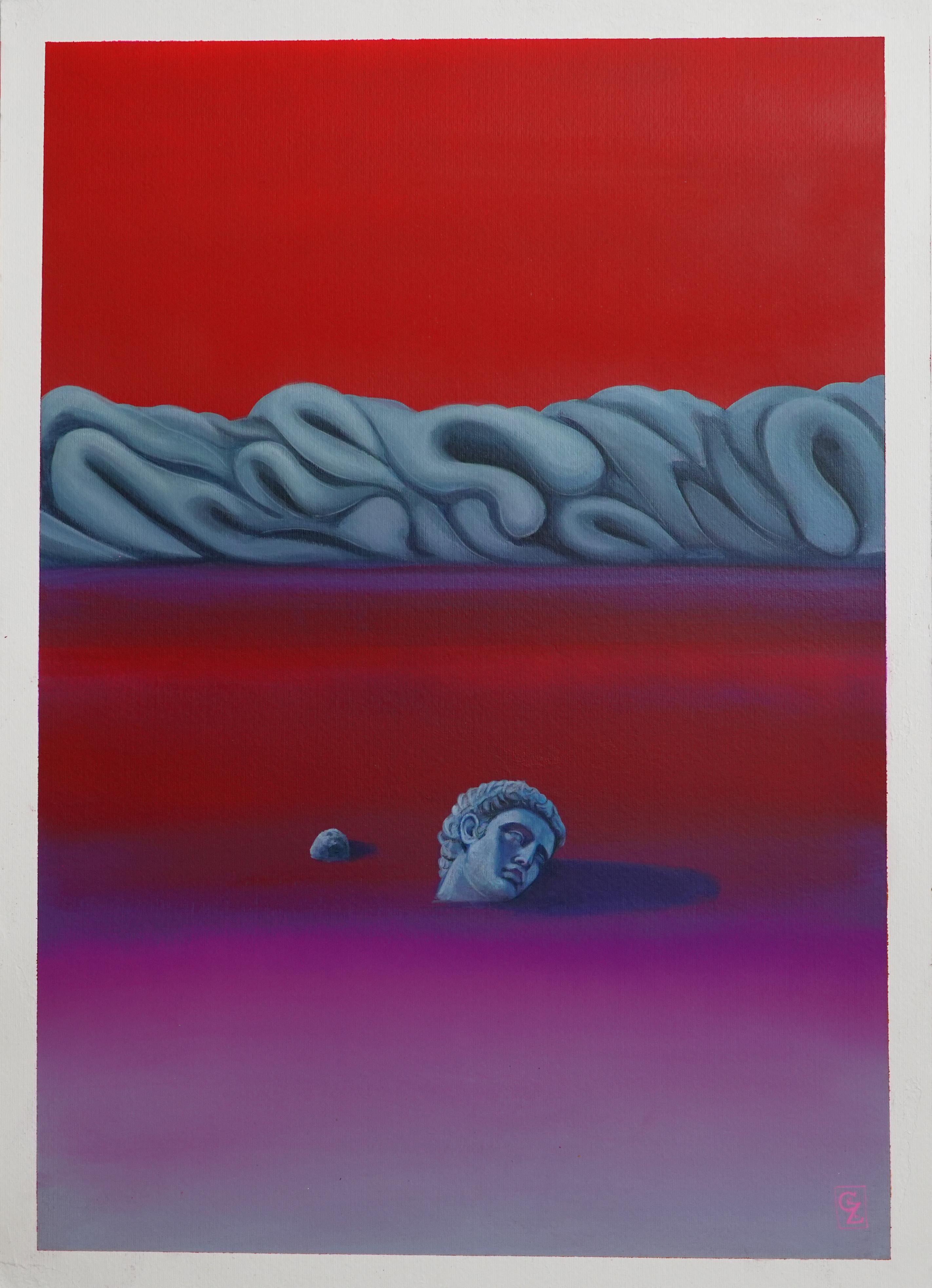 Questo dipinto di paesaggio surreale di Gozo presenta una suggestiva composizione in acrilico su carta Fabriano, con dimensioni di 50 x 70 cm. L'opera si sviluppa in un terreno onirico di cremisi e viola, dove una testa classica scolpita appare