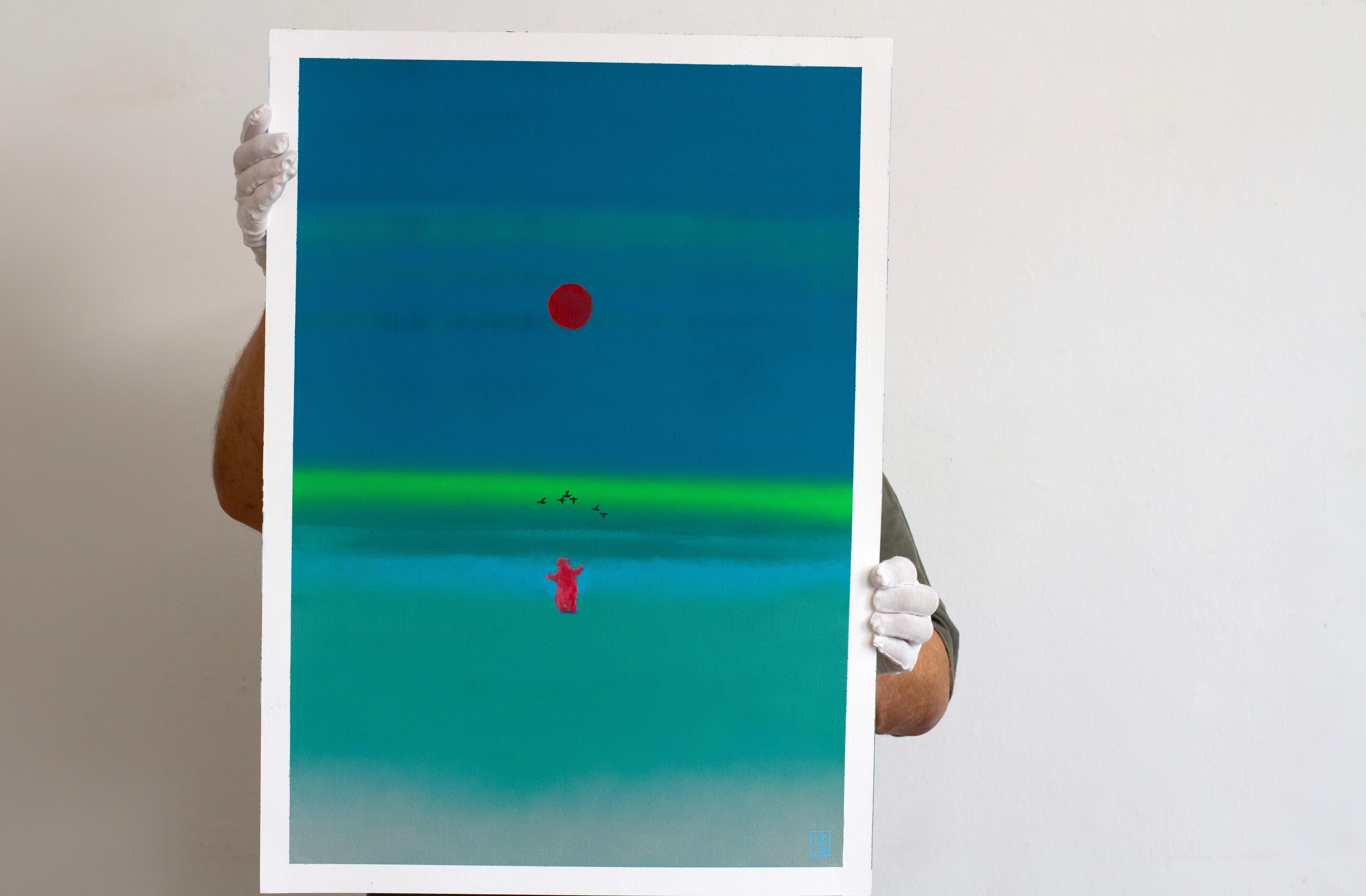 Orso rosso mistico sotto la luna rossa - Paesaggio surreale in acrilico su carta, 2024 - Painting di Gozo