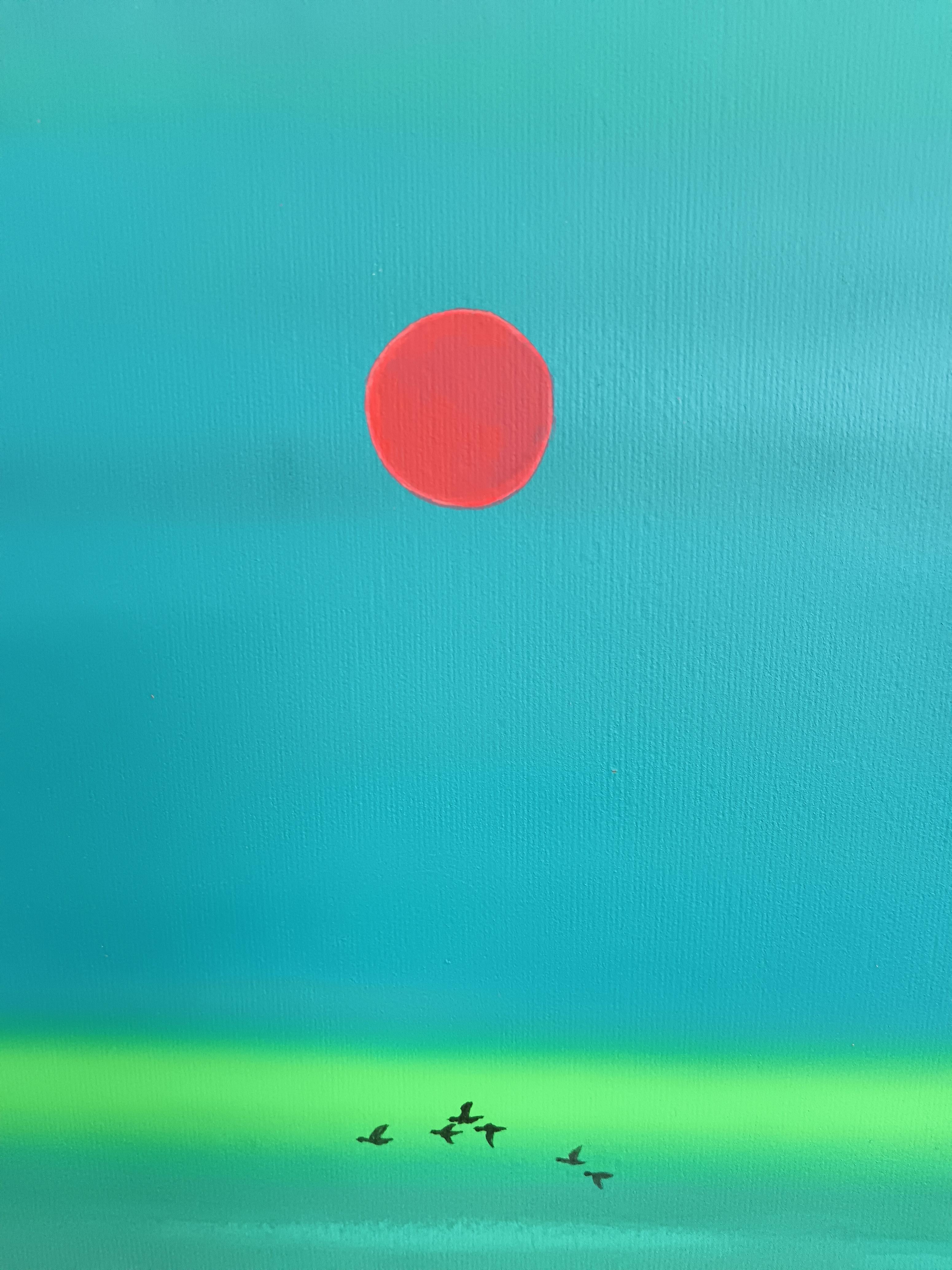 Orso rosso mistico sotto la luna rossa - Paesaggio surreale in acrilico su carta, 2024 - Painting Contemporaneo di Gozo