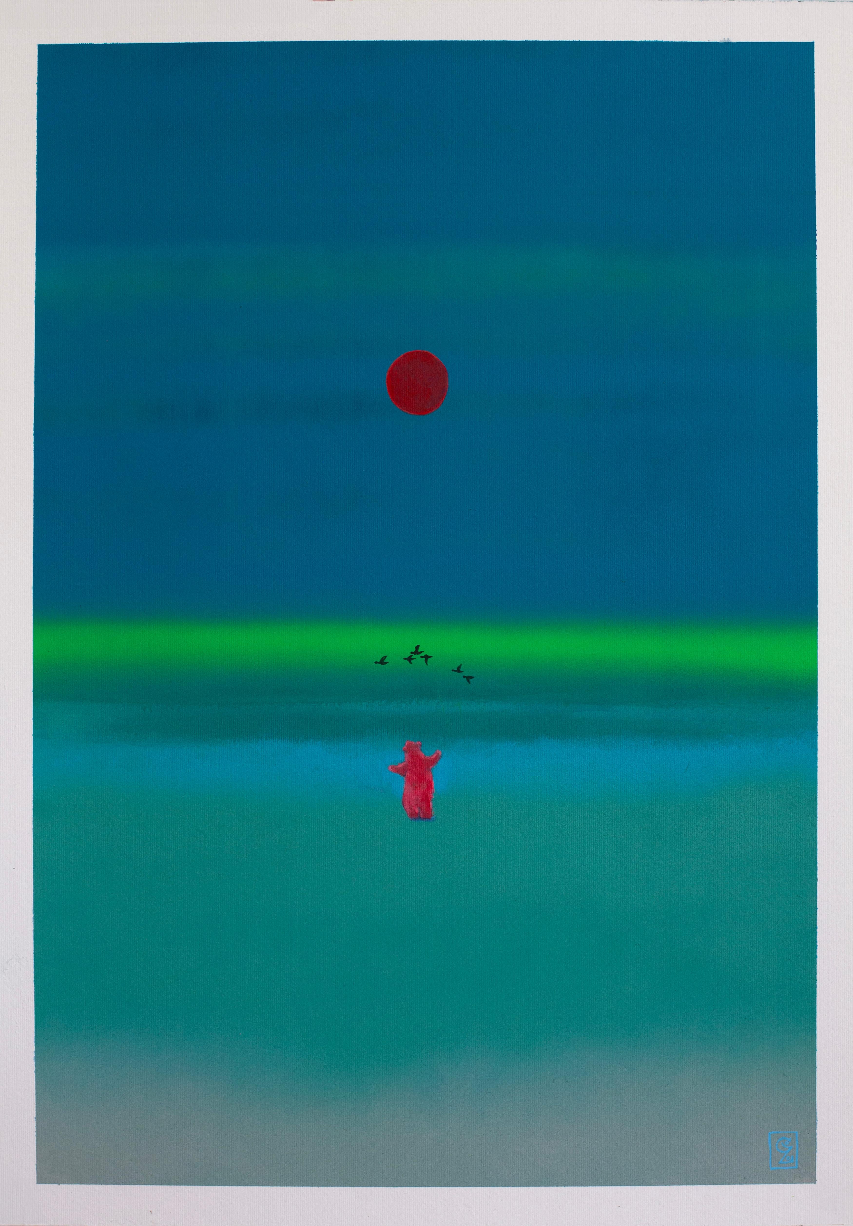 Oso rojo místico bajo la luna roja - Paisaje surrealista en acrílico sobre papel, 2024