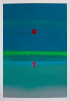 Mystischer roter Bär unter rotem Mond – Surreale Landschaft in Acryl auf Papier, 2024