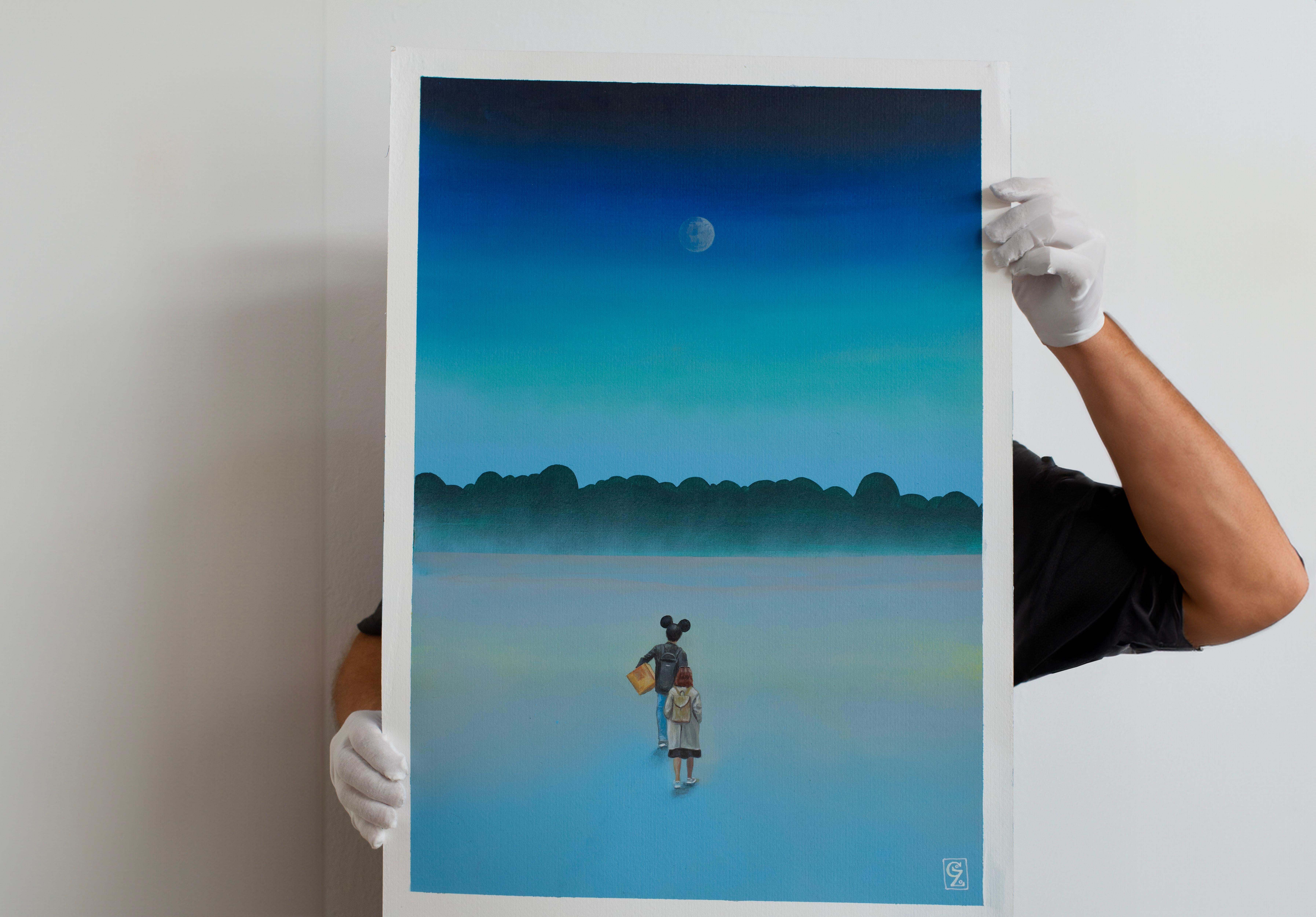 Nocturnal Walk with Mickey Mouse Ears in a Dreamlike Landscape, Acrylic on Paper - Painting by Gozo