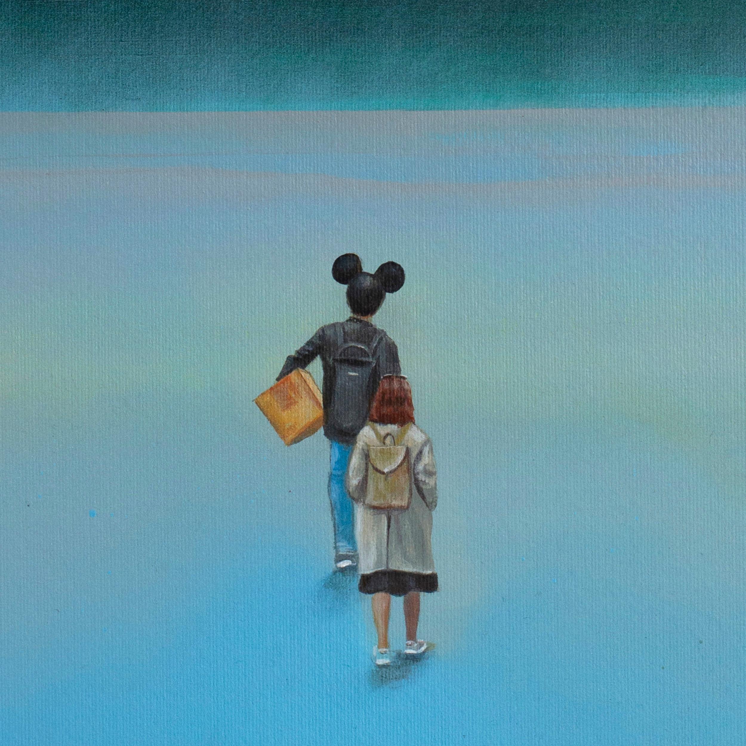 Nocturnal Walk with Mickey Mouse Ears in a Dreamlike Landscape, Acrylic on Paper - Pop Art Painting by Gozo