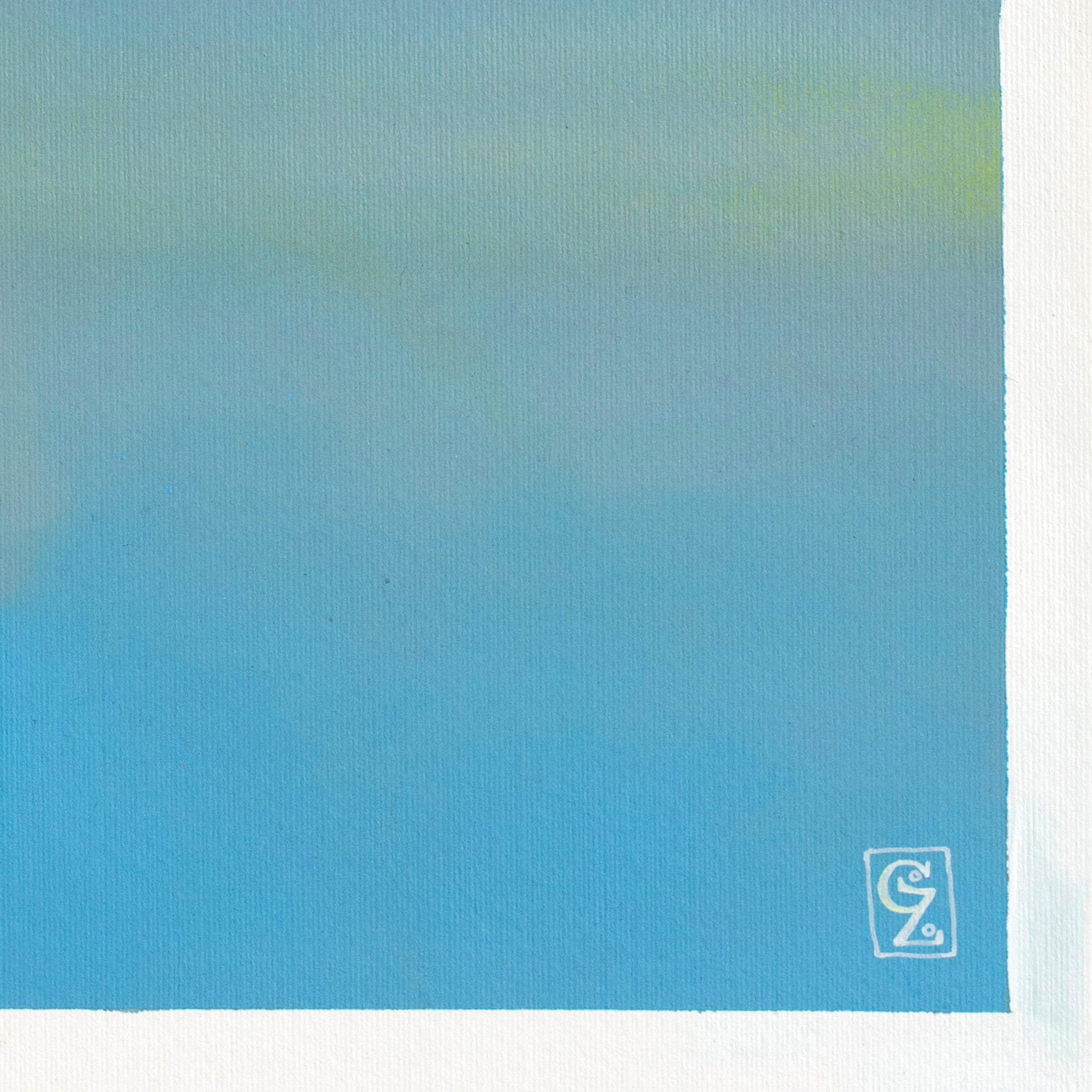 Nocturnal Walk with Mickey Mouse Ears in a Dreamlike Landscape, Acrylic on Paper - Blue Abstract Painting by Gozo