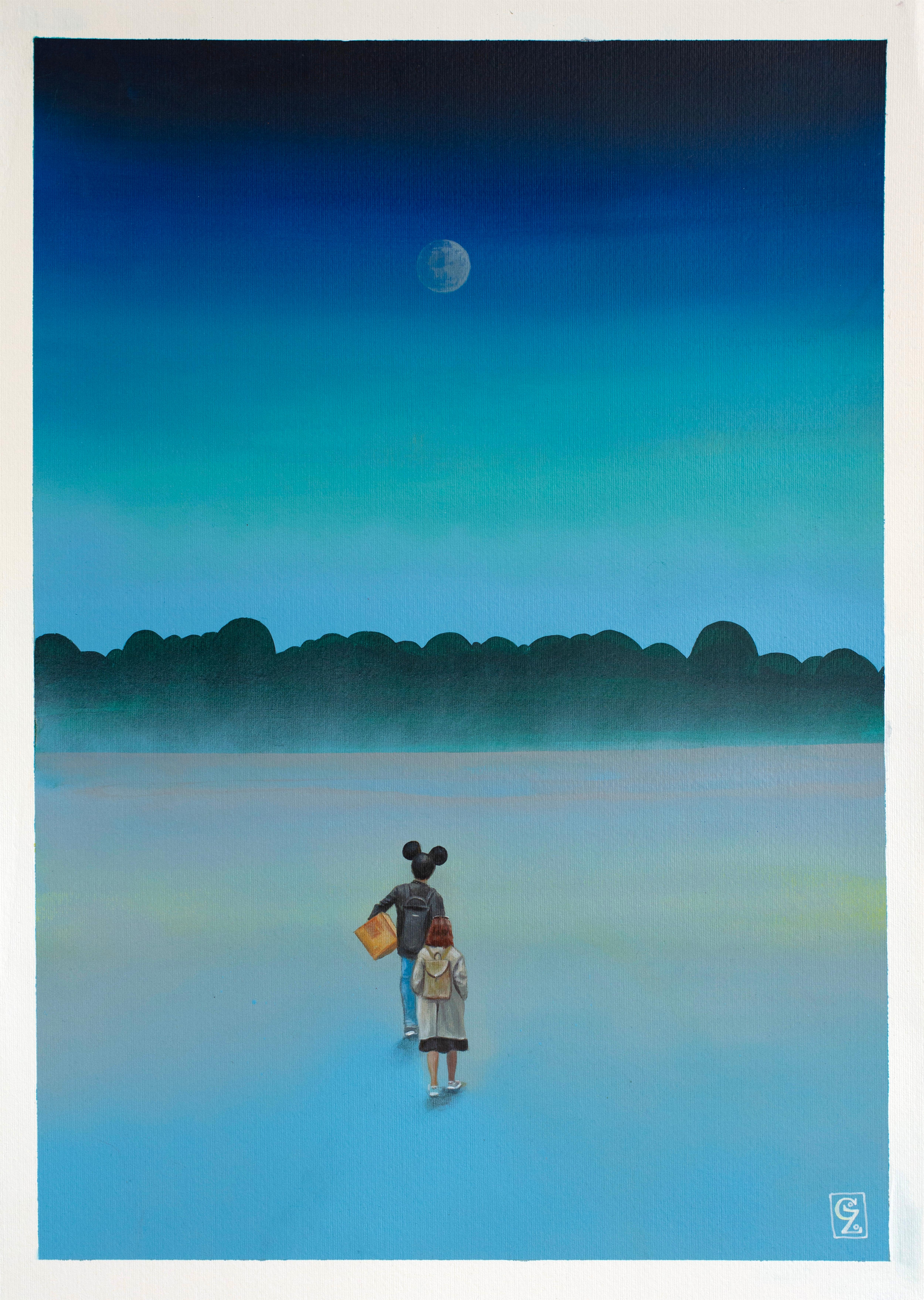Peinture acrylique sur papier avec des oreilles de Mickey Mouse dans un paysage onirique