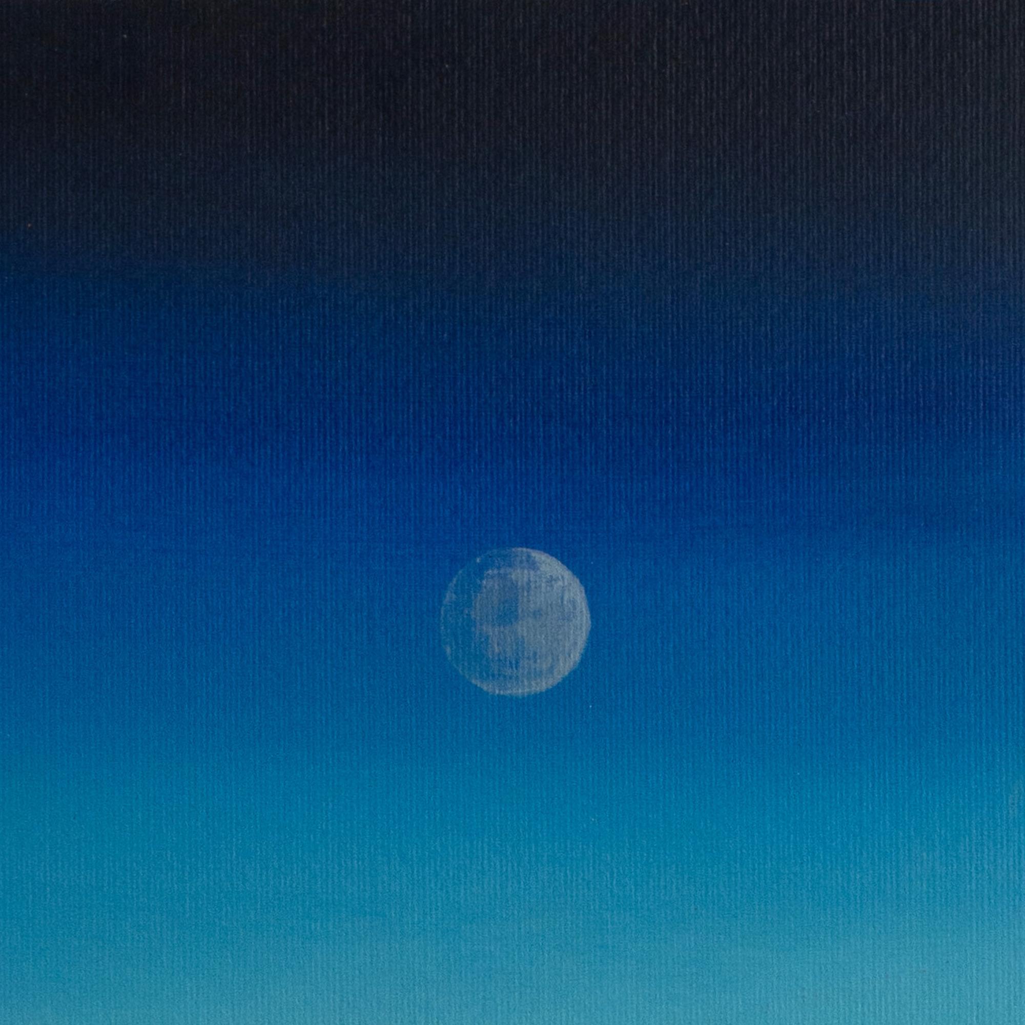 Nocturnal Walk - Moonlit Adventure by Gozo portrays a tranquil night scene where two figures, one wearing Mickey Mouse ears, journey toward a distant horizon beneath the glow of a luminous moon. The gradient of blues and greens in the minimalist
