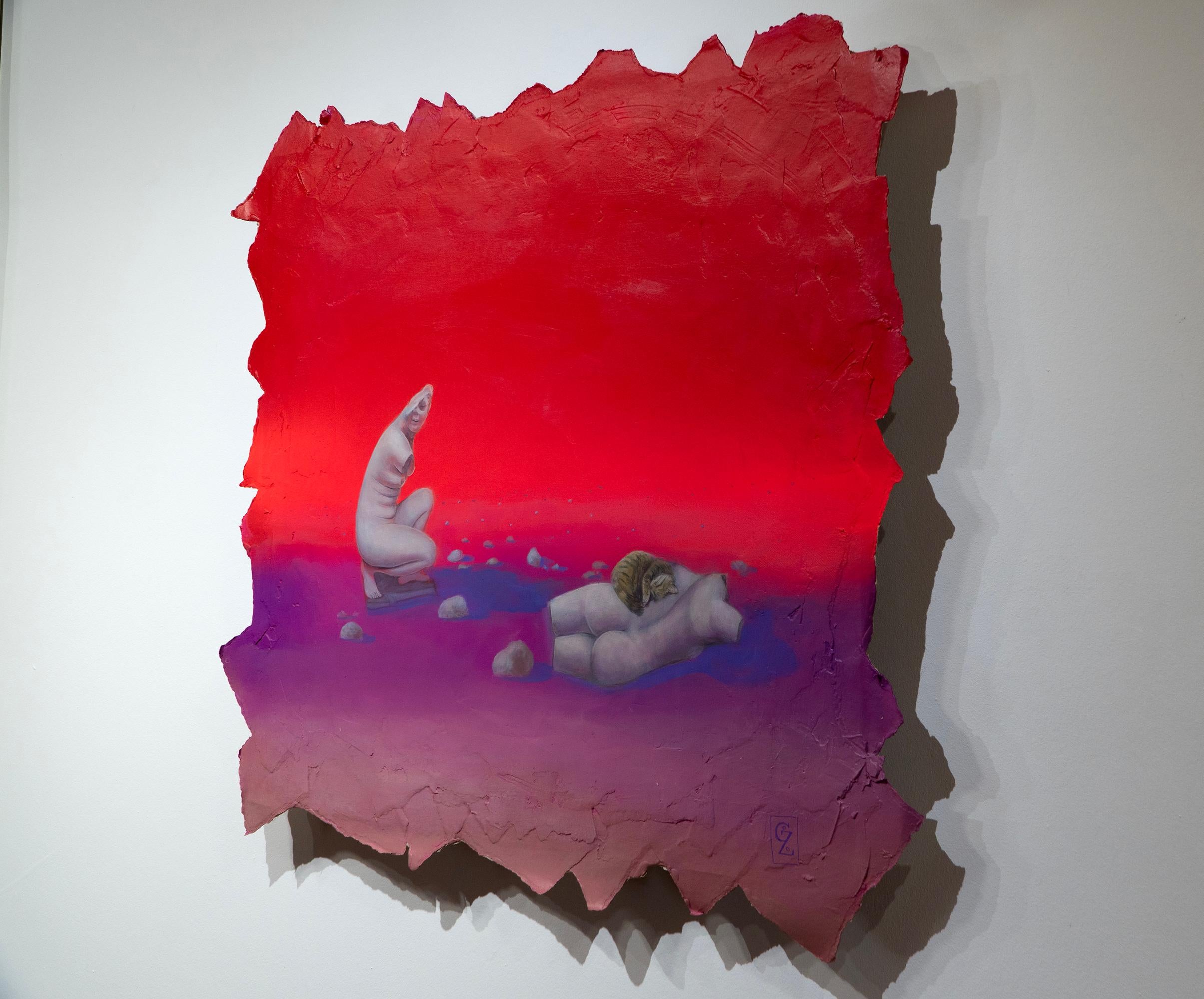 Paesaggio surreale dipinto con acrilico originale con gatto su scultura romana - Painting Surrealismo di Gozo