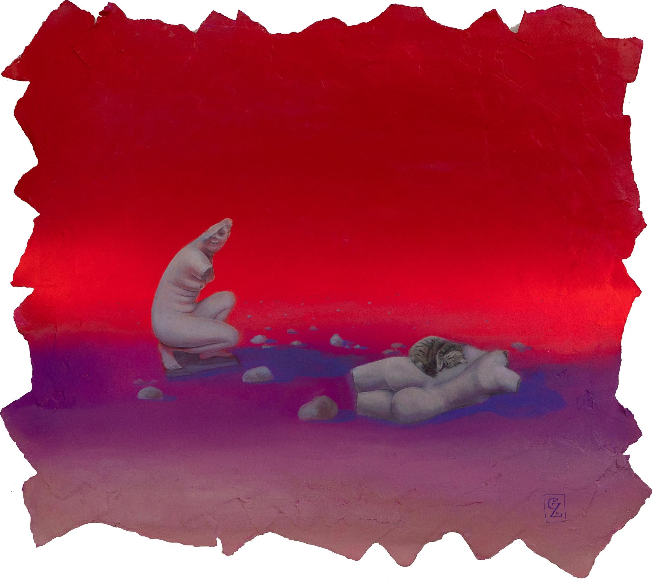 Paisaje surrealista original pintado con acrílico texturizado con gato sobre escultura romana
