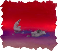 Original Textured Acrylic Painted Surreal Landscape with Cat on Roman Sculpture