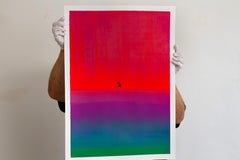 Mujer voladora danzante al atardecer - Paisaje de gradiente vibrante, acrílico sobre papel