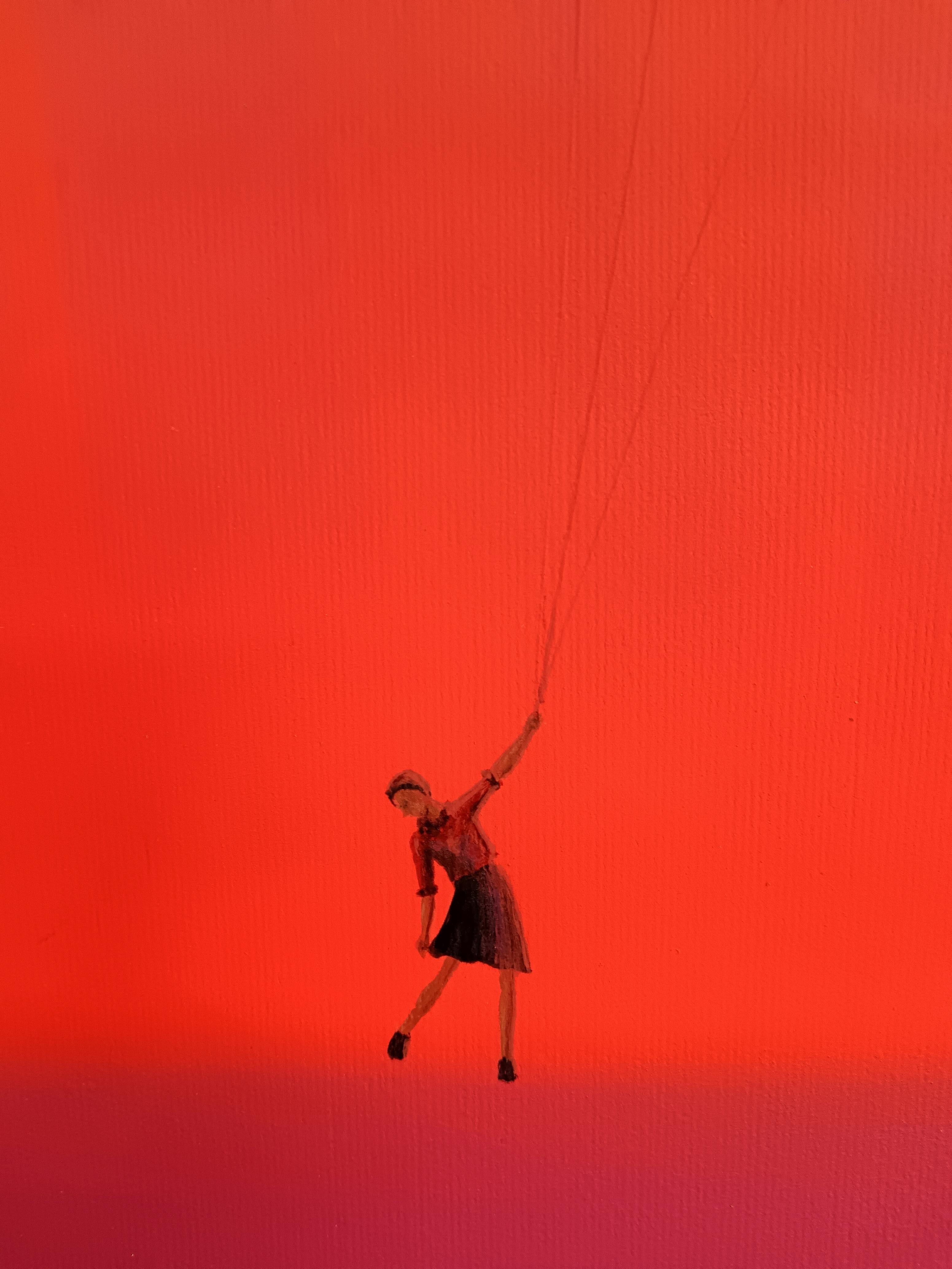 Femme volante dansante au crépuscule - Paysage aux dégradés vibrants, acrylique sur papier - Contemporain Painting par Gozo
