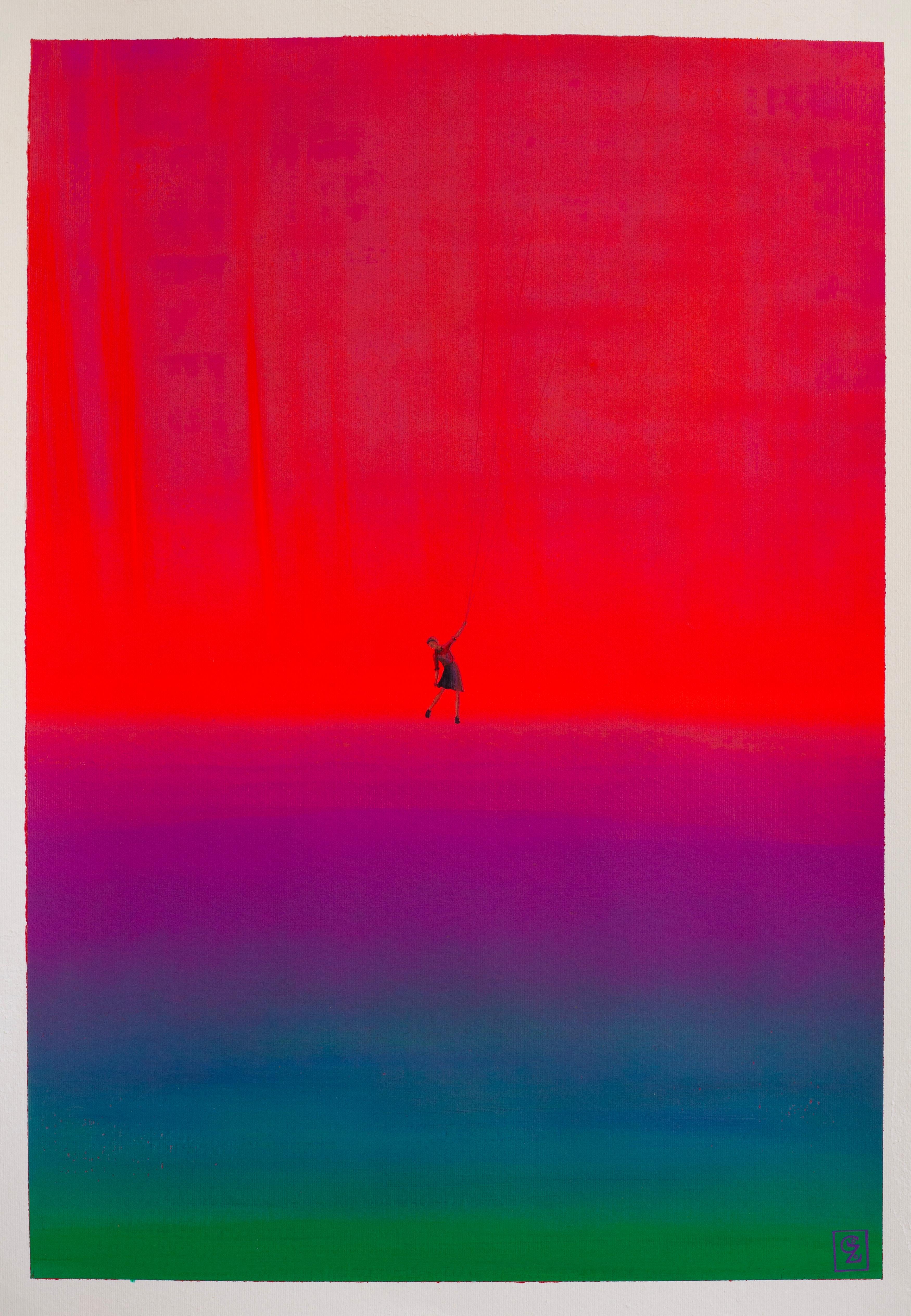 Abstract Painting Gozo - Femme volante dansante au crépuscule - Paysage aux dégradés vibrants, acrylique sur papier