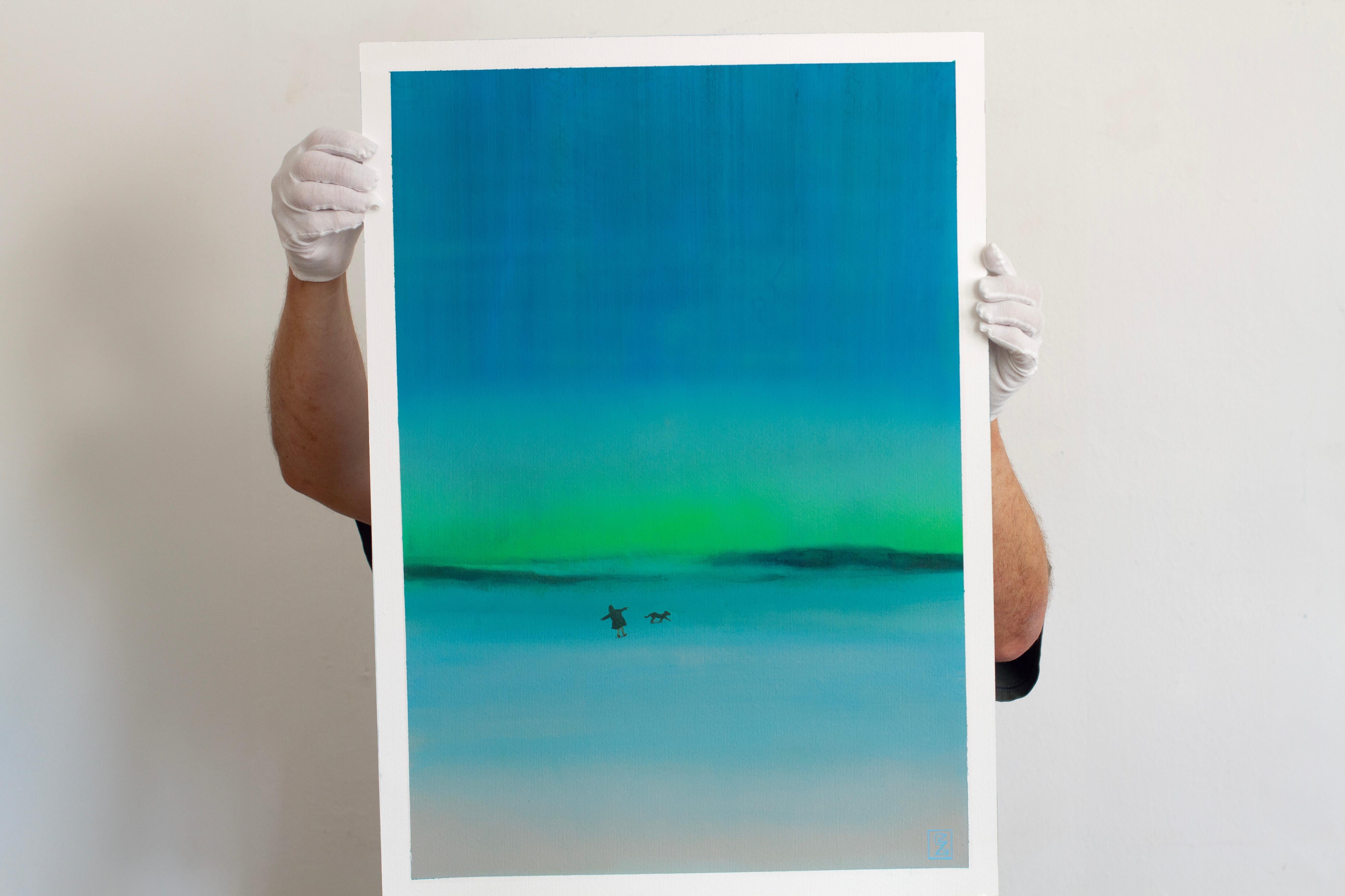 This captivating artwork features a serene horizon where a woman and her dog are seen in a tranquil blue landscape. The gradient of blue and green hues creates a soothing atmosphere, capturing a moment of peaceful solitude and connection with