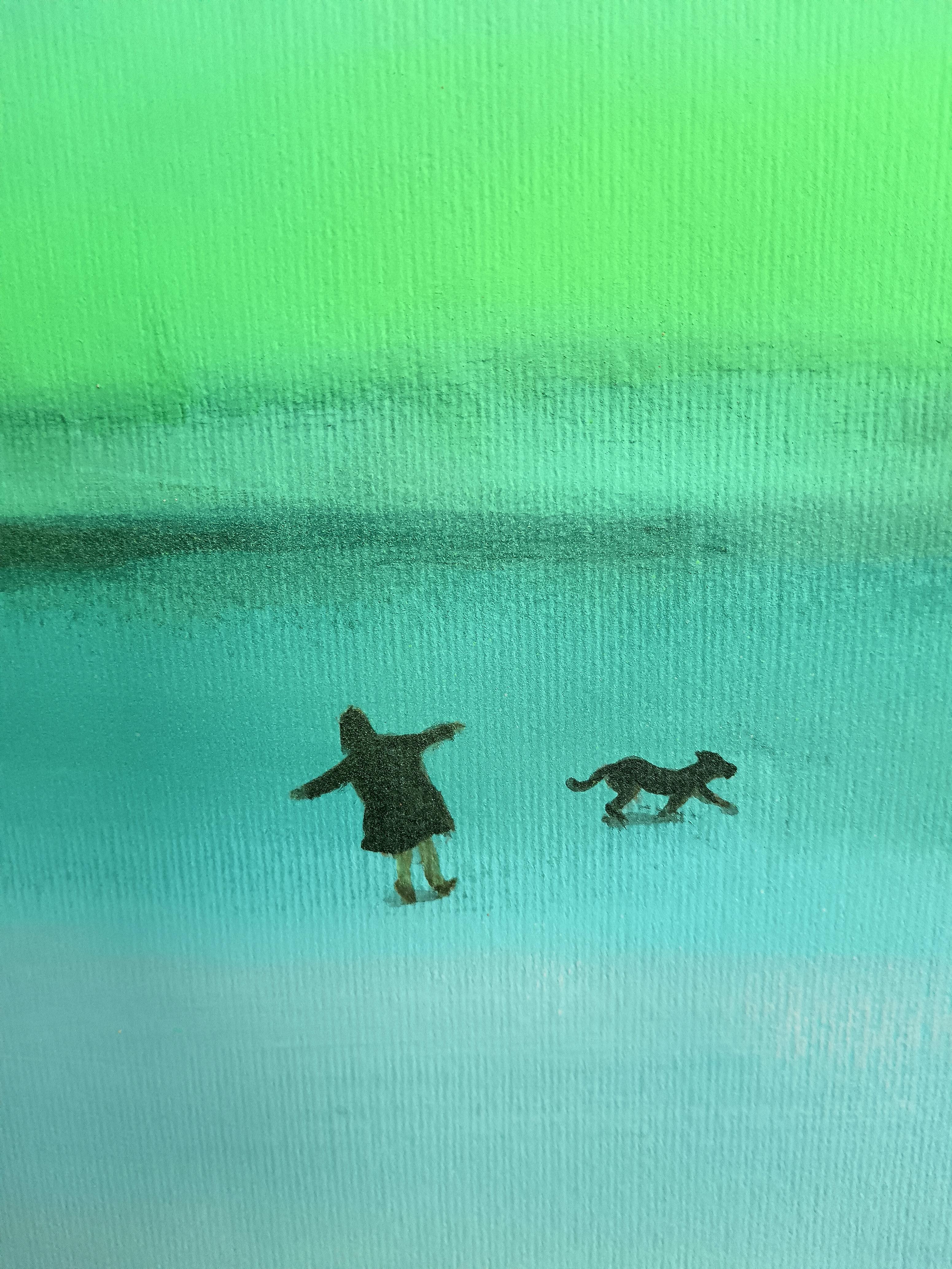 Serene Horizon: Woman and Dog in Tranquil Blue Landscape. Contemporary Painting 1