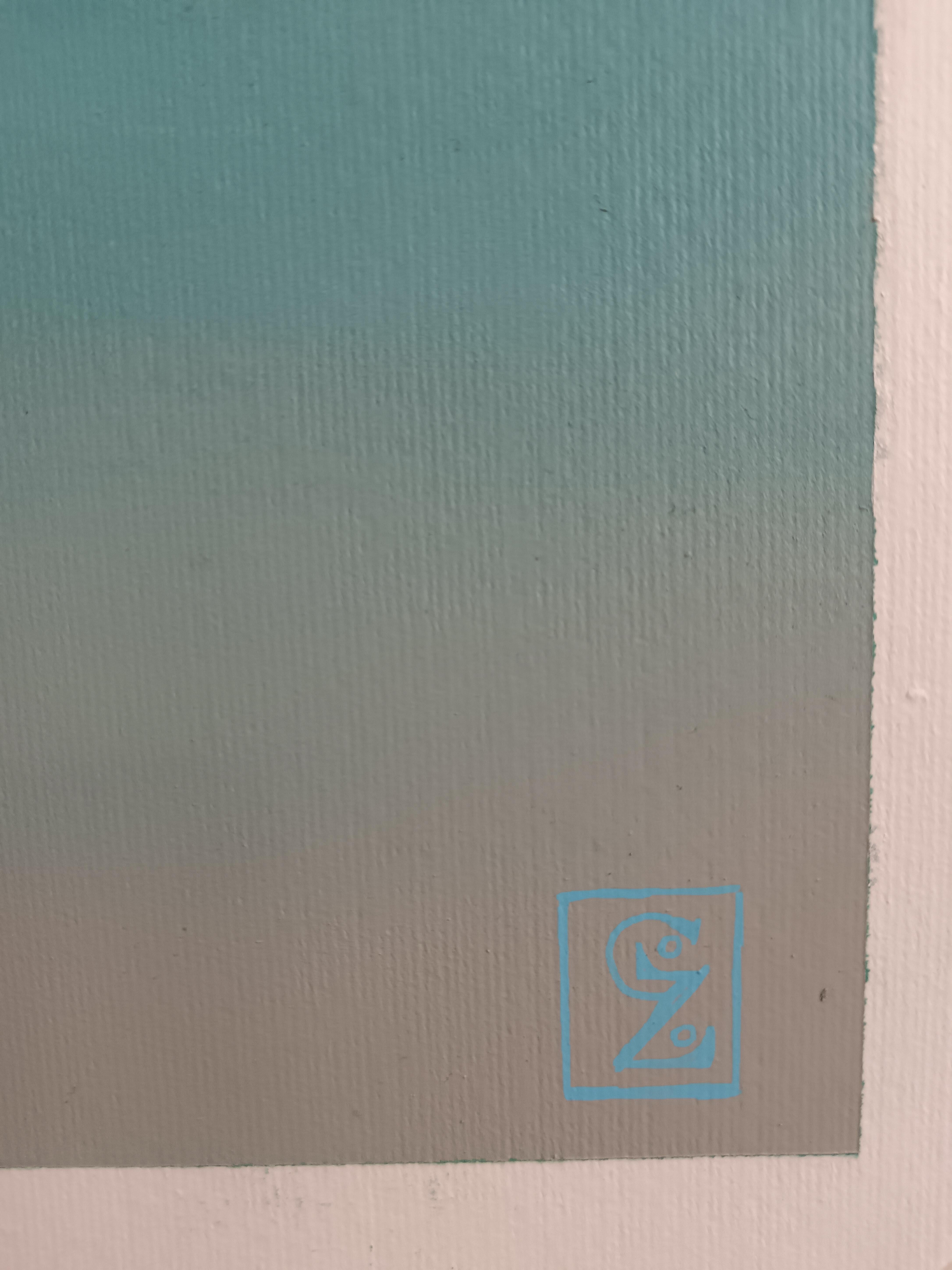 Serene Horizon: Woman and Dog in Tranquil Blue Landscape. Contemporary Painting 2