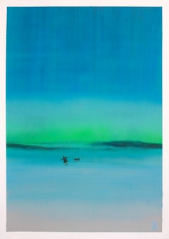 Serene Horizon: Woman and Dog in Tranquil Blue Landscape. Contemporary Painting