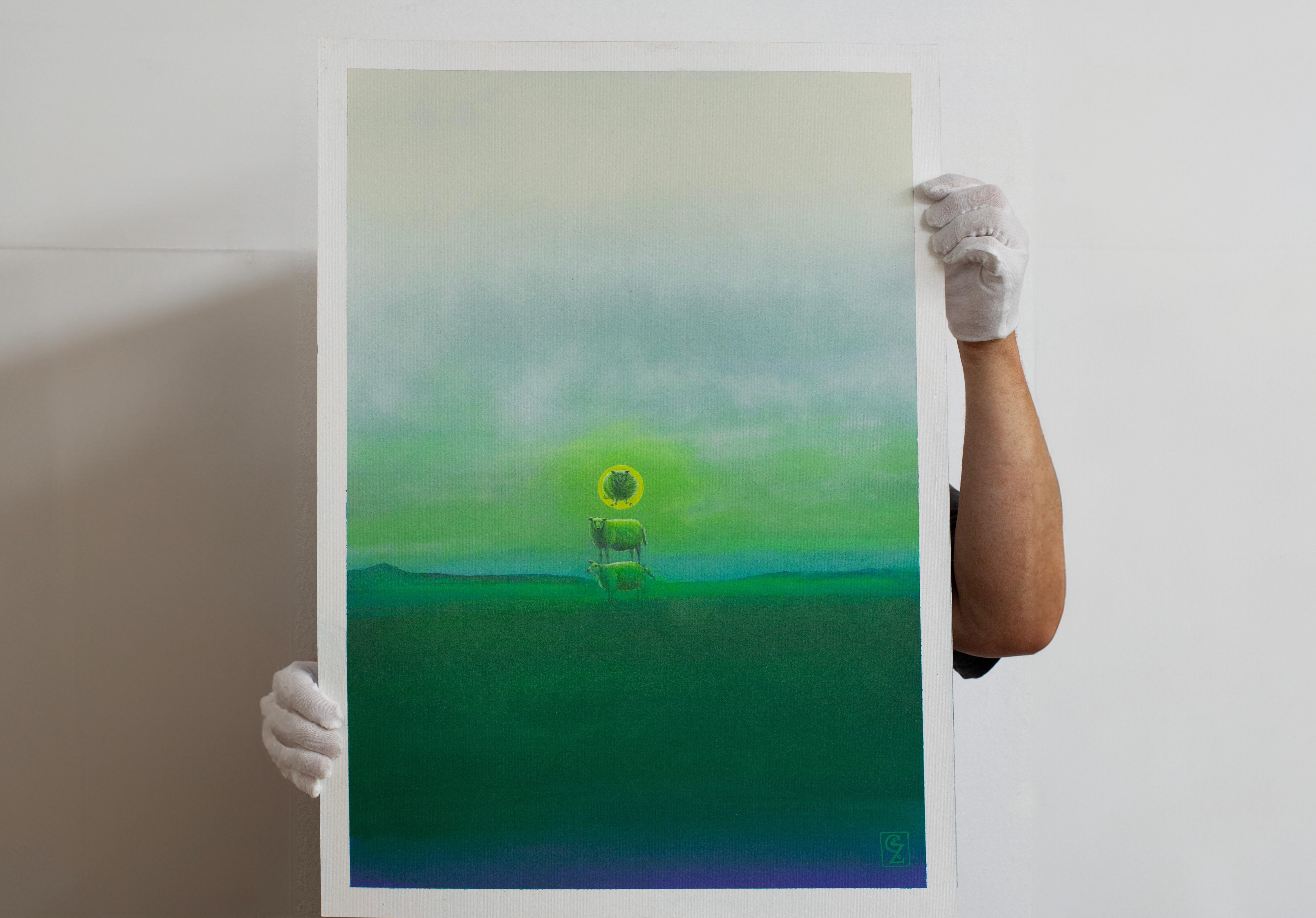 Surrealist Acrylic Landscape, Stacked Sheep and Green Horizozon. Sheep Eclipse - Painting by Gozo