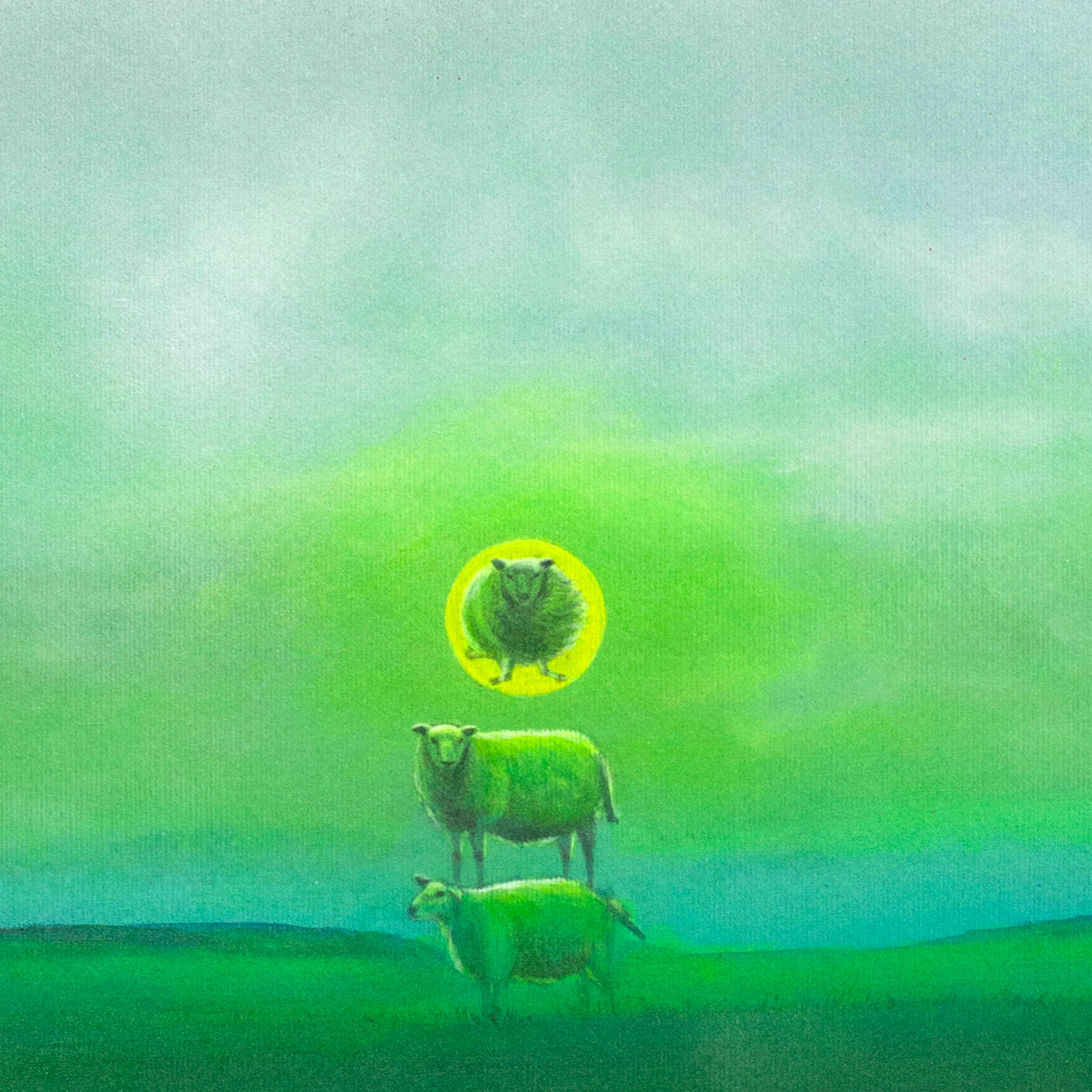 Surrealist Acrylic Landscape, Stacked Sheep and Green Horizozon. Sheep Eclipse - Pop Art Painting by Gozo