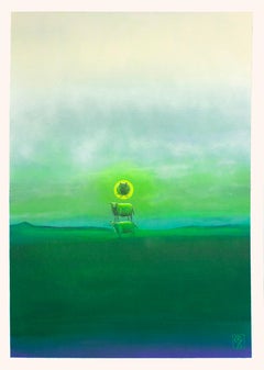 Paisaje acrílico surrealista, Ovejas apiladas y Horizonte verde. Oveja Eclipse