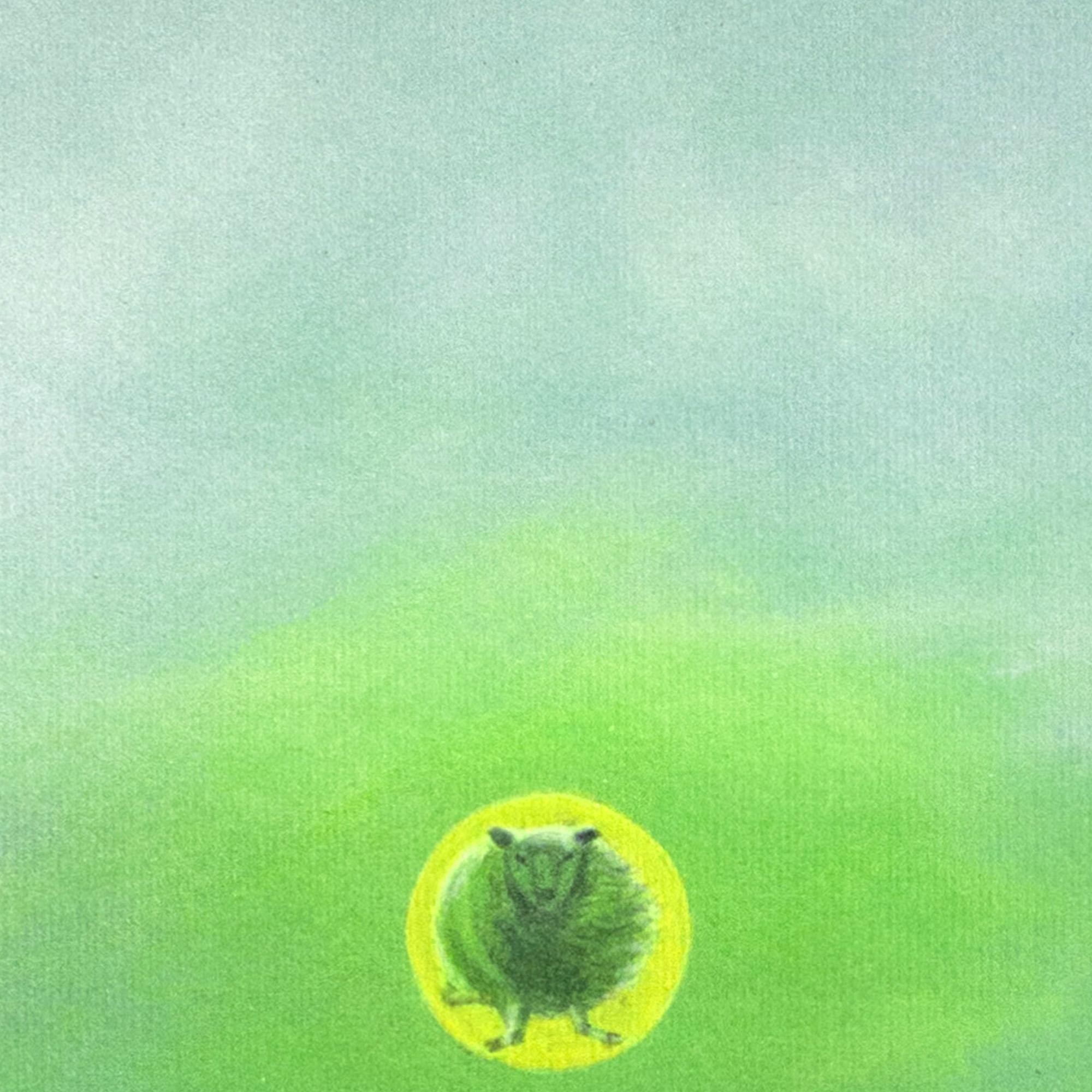 Surrealist Acrylic Landscape, Stacked Sheep and Green Horizozon. Sheep Eclipse For Sale 2