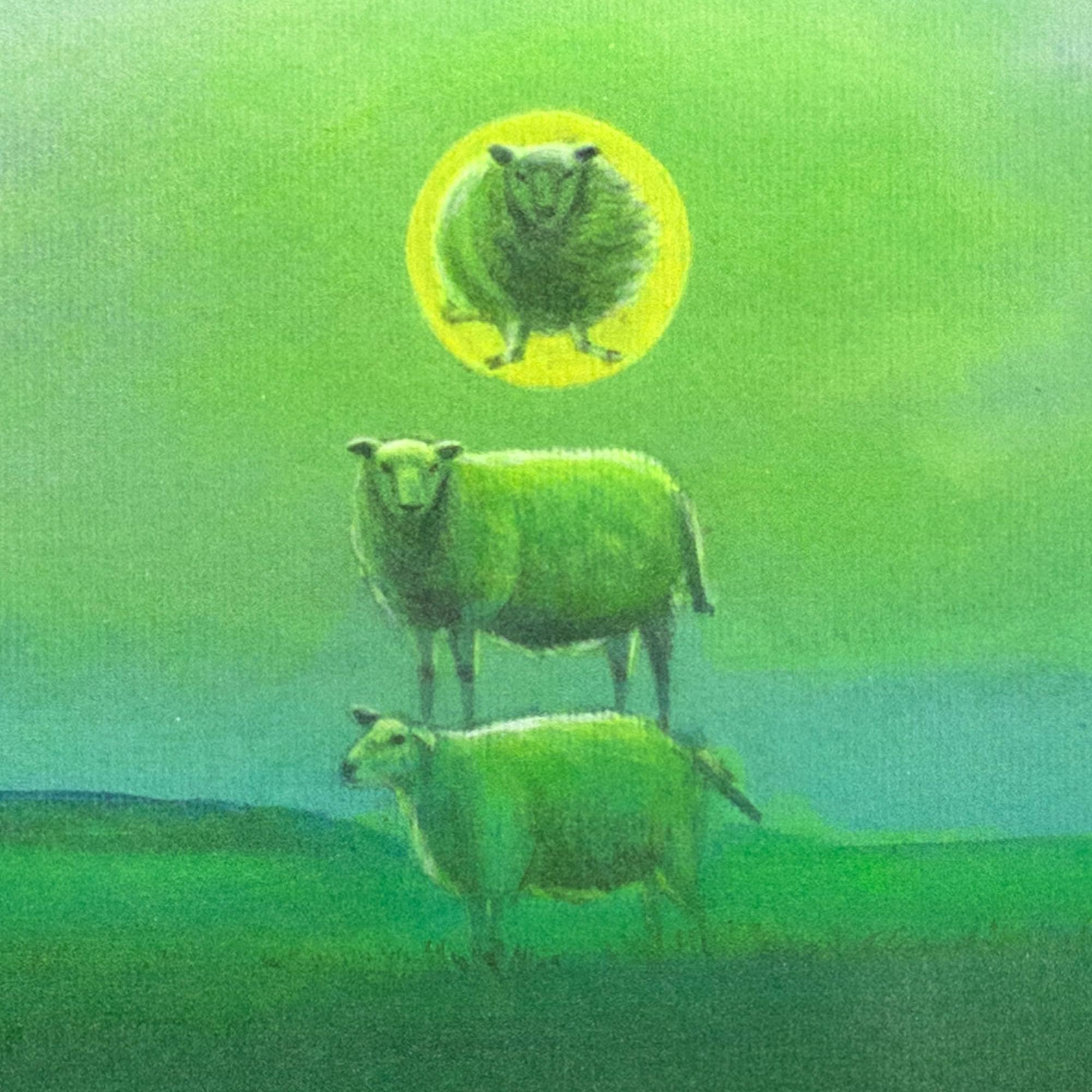 Surrealist Acrylic Landscape, Stacked Sheep and Green Horizozon. Sheep Eclipse For Sale 3