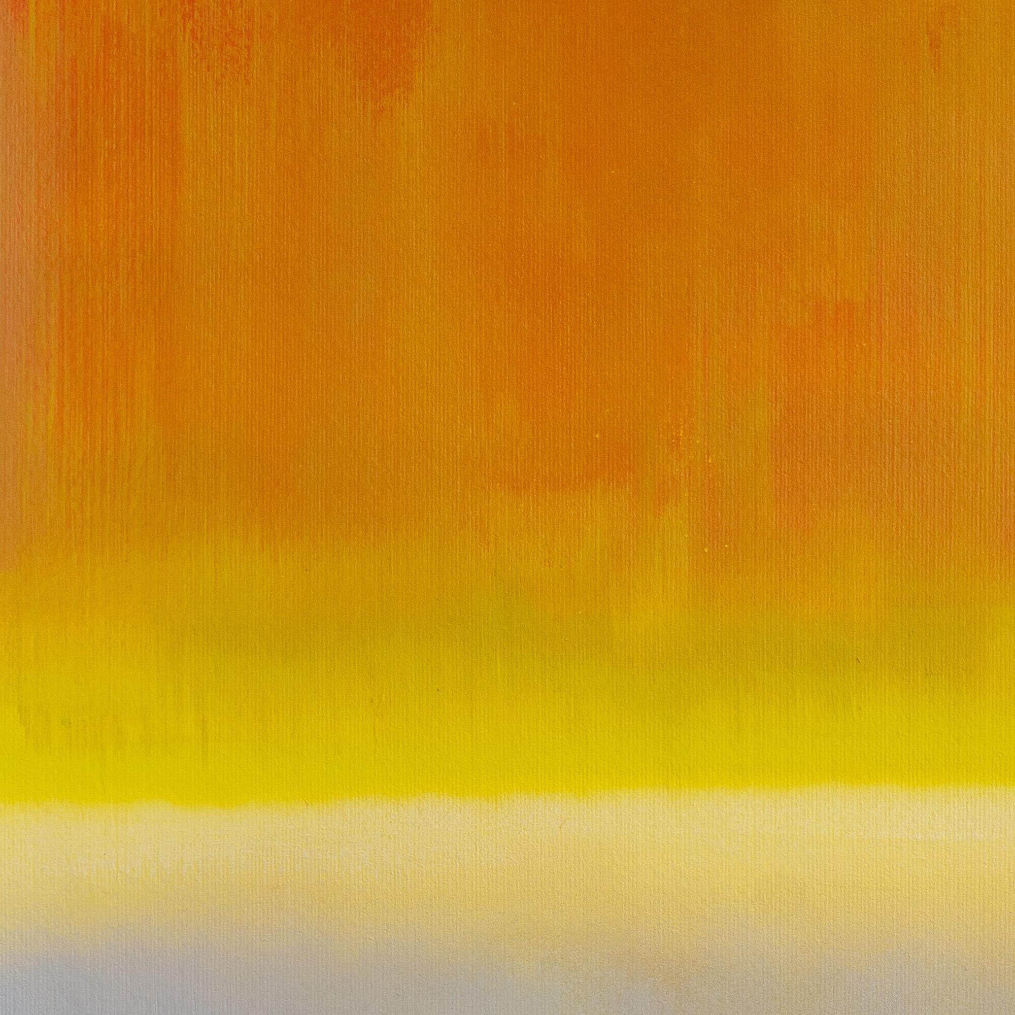 Cette peinture acrylique évocatrice de Gozo représente une figure solitaire se détachant sur un paysage de coucher de soleil jaune et rouge vibrant. Le ciel spectaculaire passe d'oranges et de rouges profonds au sommet à des jaunes plus doux à