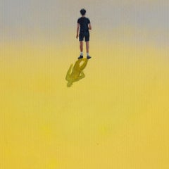 Surrealist Acrylic Painting on Paper, Solitary Figure Under Sunset Gradient