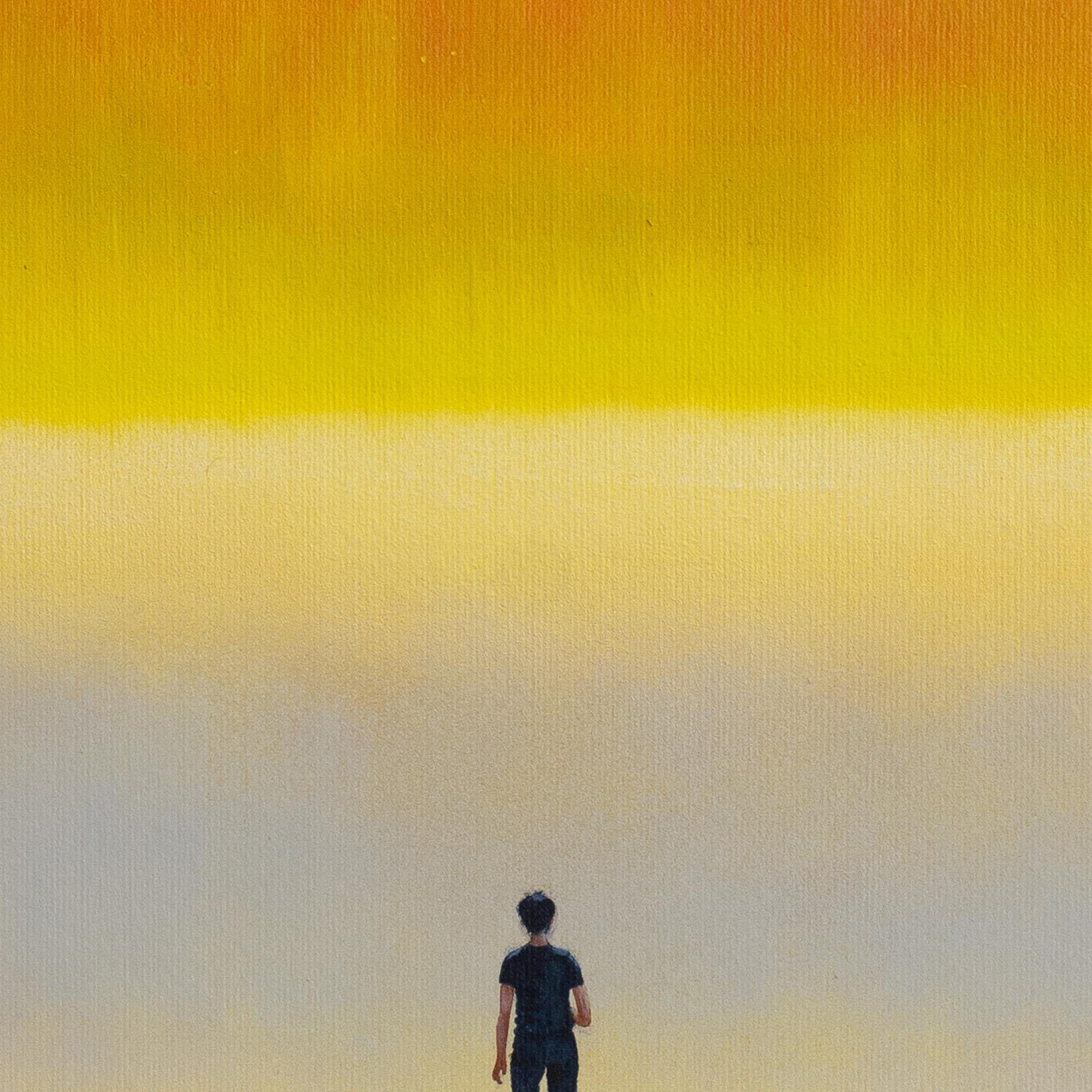 Figure solitaire au coucher du soleil - Paysage dramatique et poétique à l'acrylique sur papier en vente 3