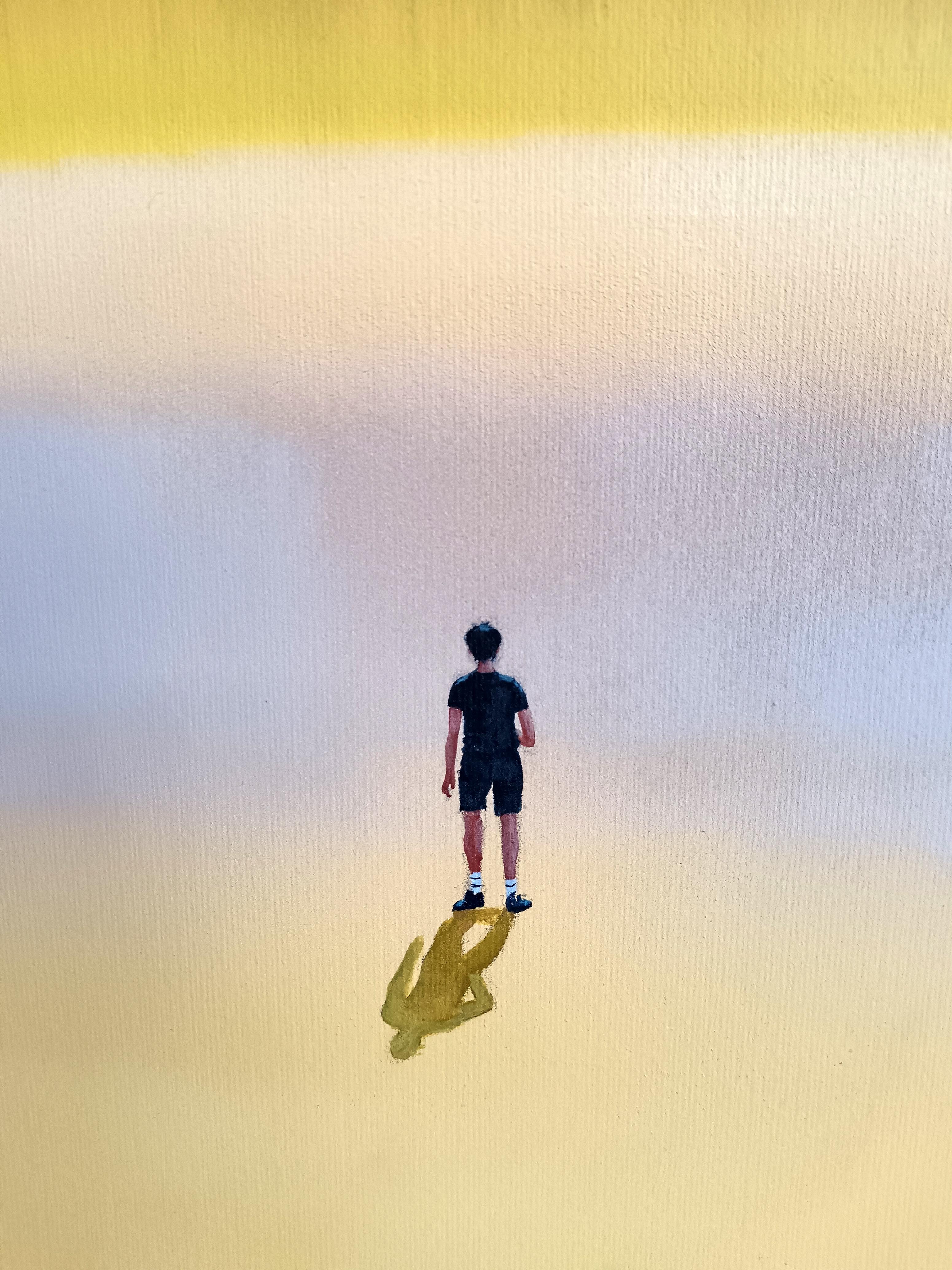 Figure solitaire au coucher du soleil - Paysage dramatique et poétique à l'acrylique sur papier - Contemporain Painting par Gozo
