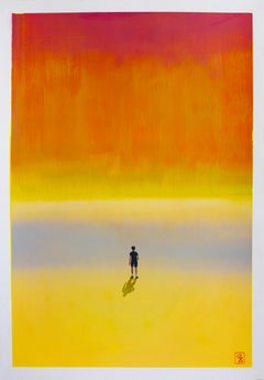 Figura solitaria en un atardecer amarillo - Dramático paisaje poético en acrílico sobre papel