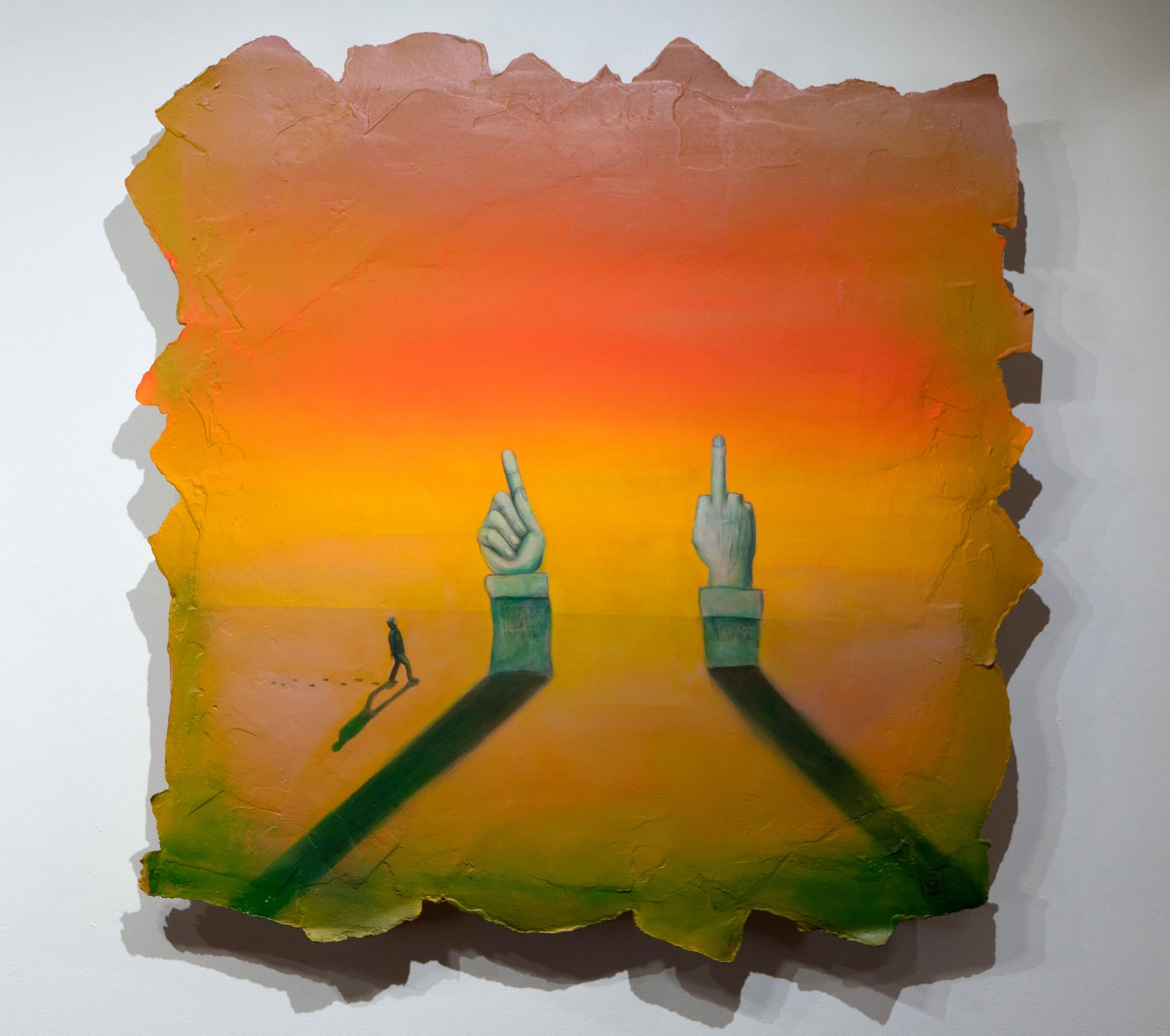 Paesaggio surreale con un uomo che cammina tra le mani di Costantino e Cattelan - Painting di Gozo
