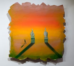 Surrealist Painting on Cut Paper and Board, Figural Gestures in Sunset Landscape