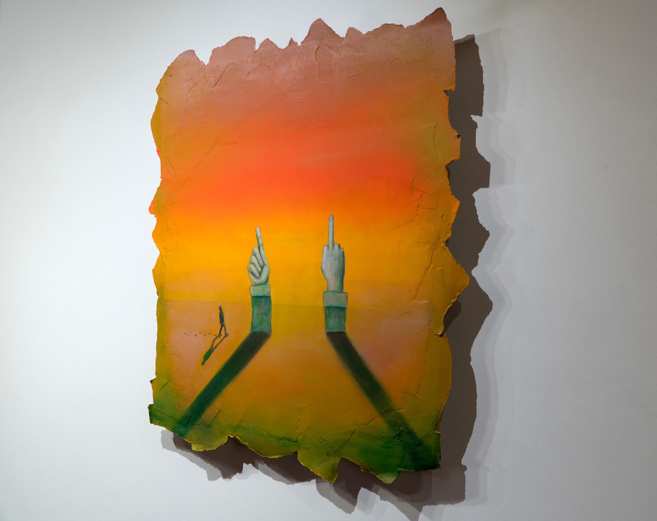 Paesaggio surreale con un uomo che cammina tra le mani di Costantino e Cattelan - Painting Surrealismo di Gozo