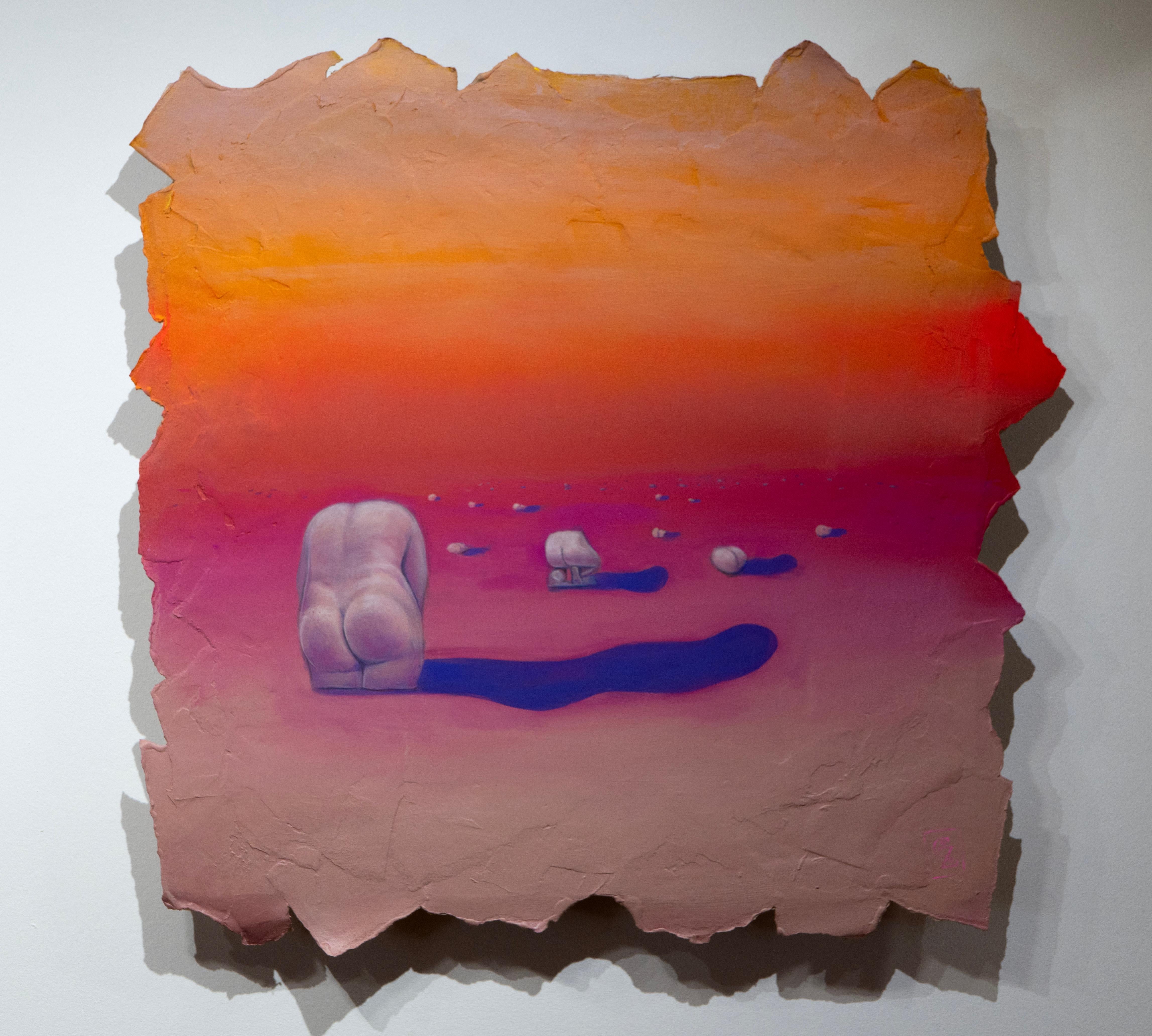 Paisaje surrealista con figura clásica sobre papel flotante. 