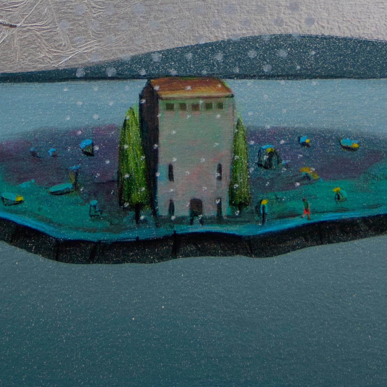Scena surreale di un'isola in tecnica mista con vernice metallica e foglia d'oro - Painting di Gozo