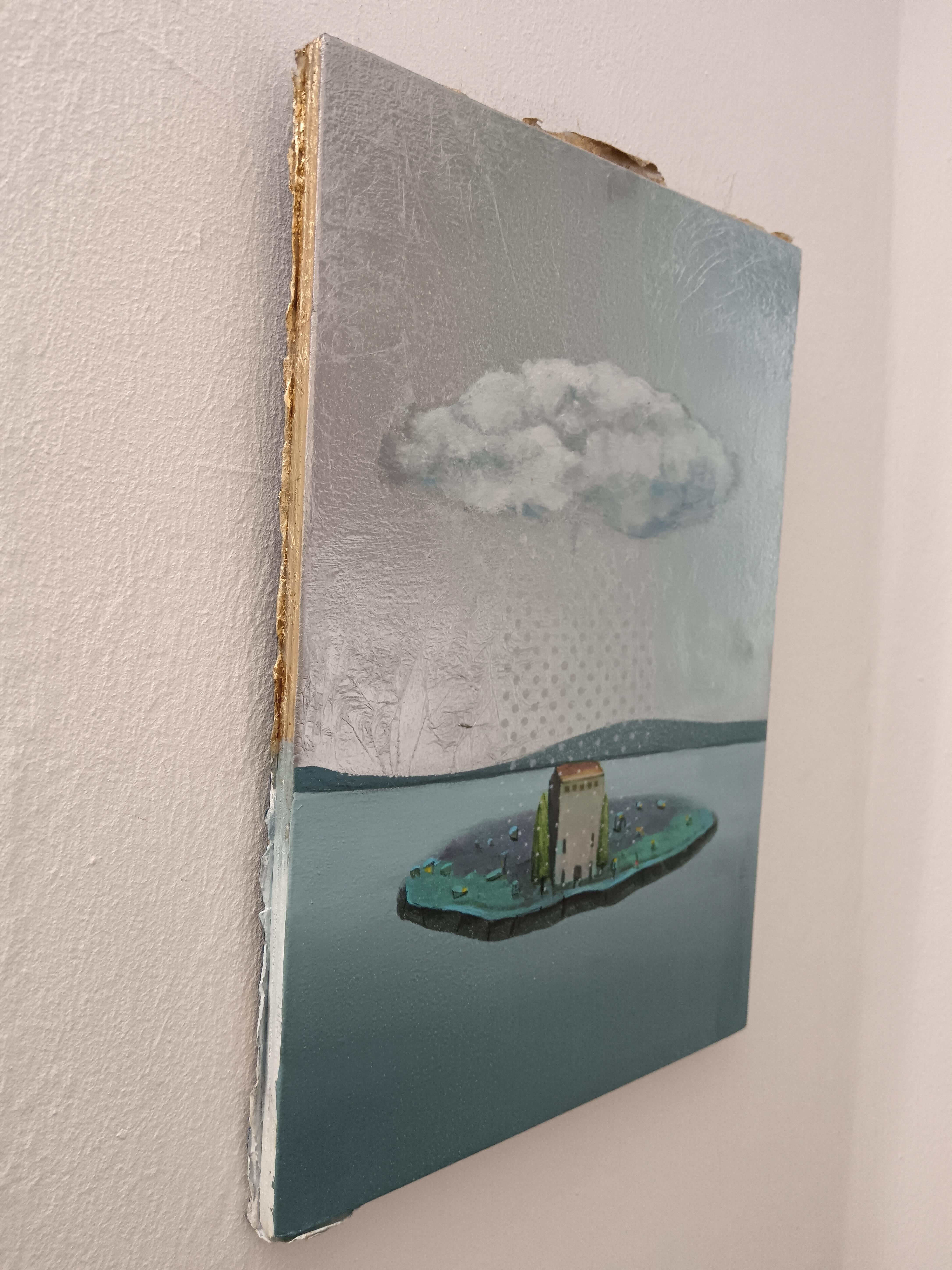 Scena surreale di un'isola in tecnica mista con vernice metallica e foglia d'oro - Landscape Painting Grigio di Gozo