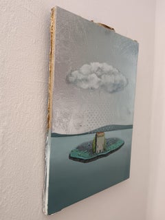 Surrealist Mixed-Media Painting on Wood Panel, Island Scene with Cloud and Text