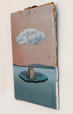 Escena surrealista de una isla en técnica mixta con pintura metalizada y pan de oro