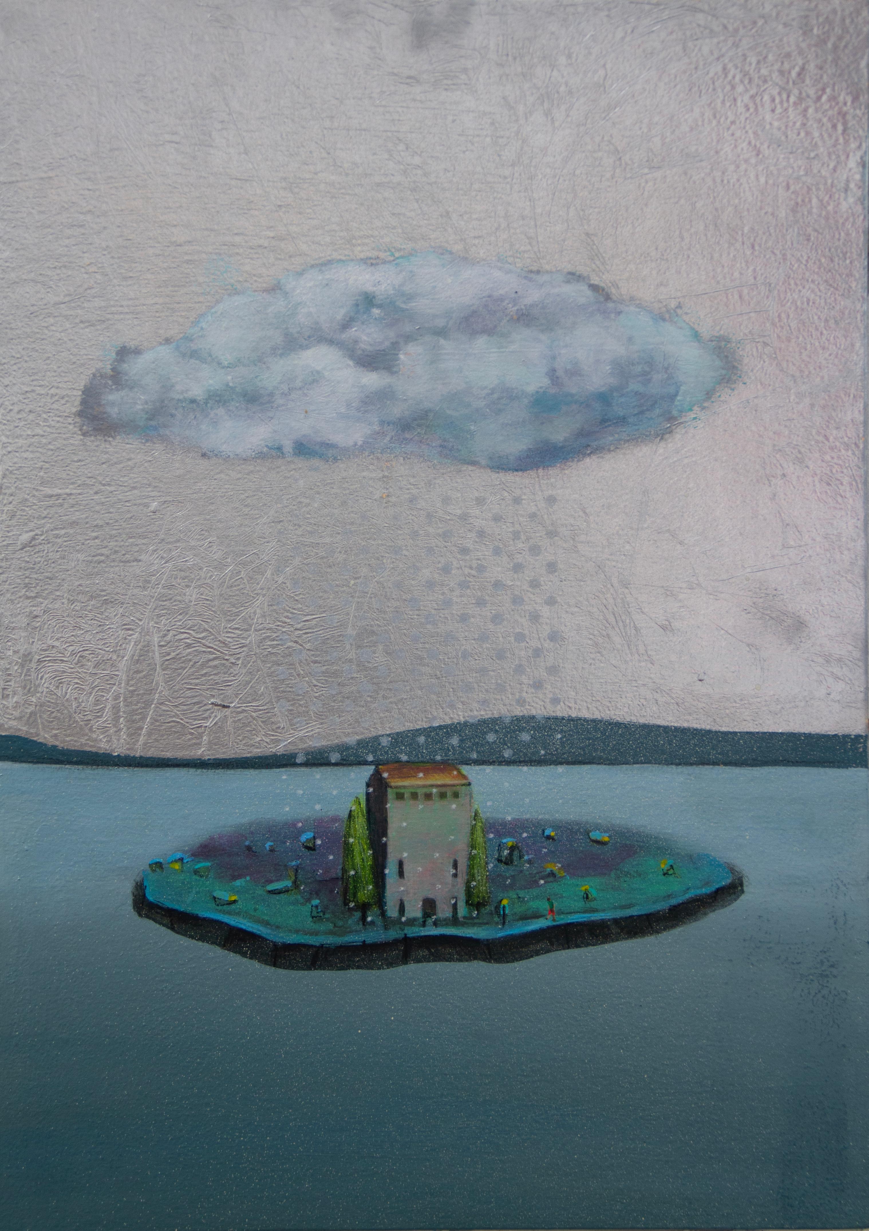 Escena surrealista de una isla en técnica mixta con pintura metalizada y pan de oro