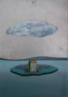 Escena surrealista de una isla en técnica mixta con pintura metalizada y pan de oro